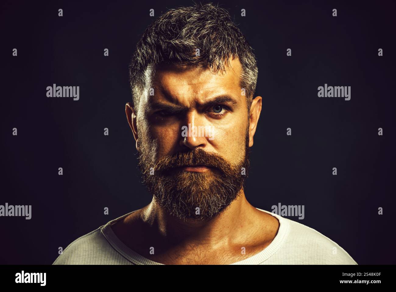 Uomo ritratto. Bell'uomo barbuto con un'acconciatura elegante. Uomo serio e sicuro di sé con barba e baffi in abiti casual. Primo piano ritratto di brutale Foto Stock