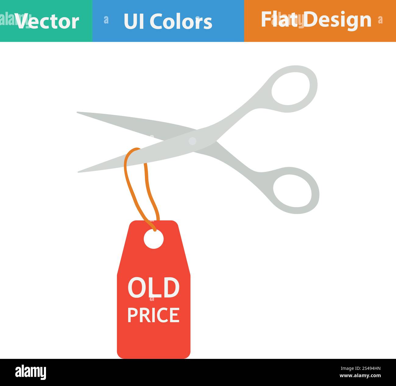 Forbici tagliare il vecchio prezzo di etichetta icona. Design piatto. Illustrazione Vettoriale. Illustrazione Vettoriale