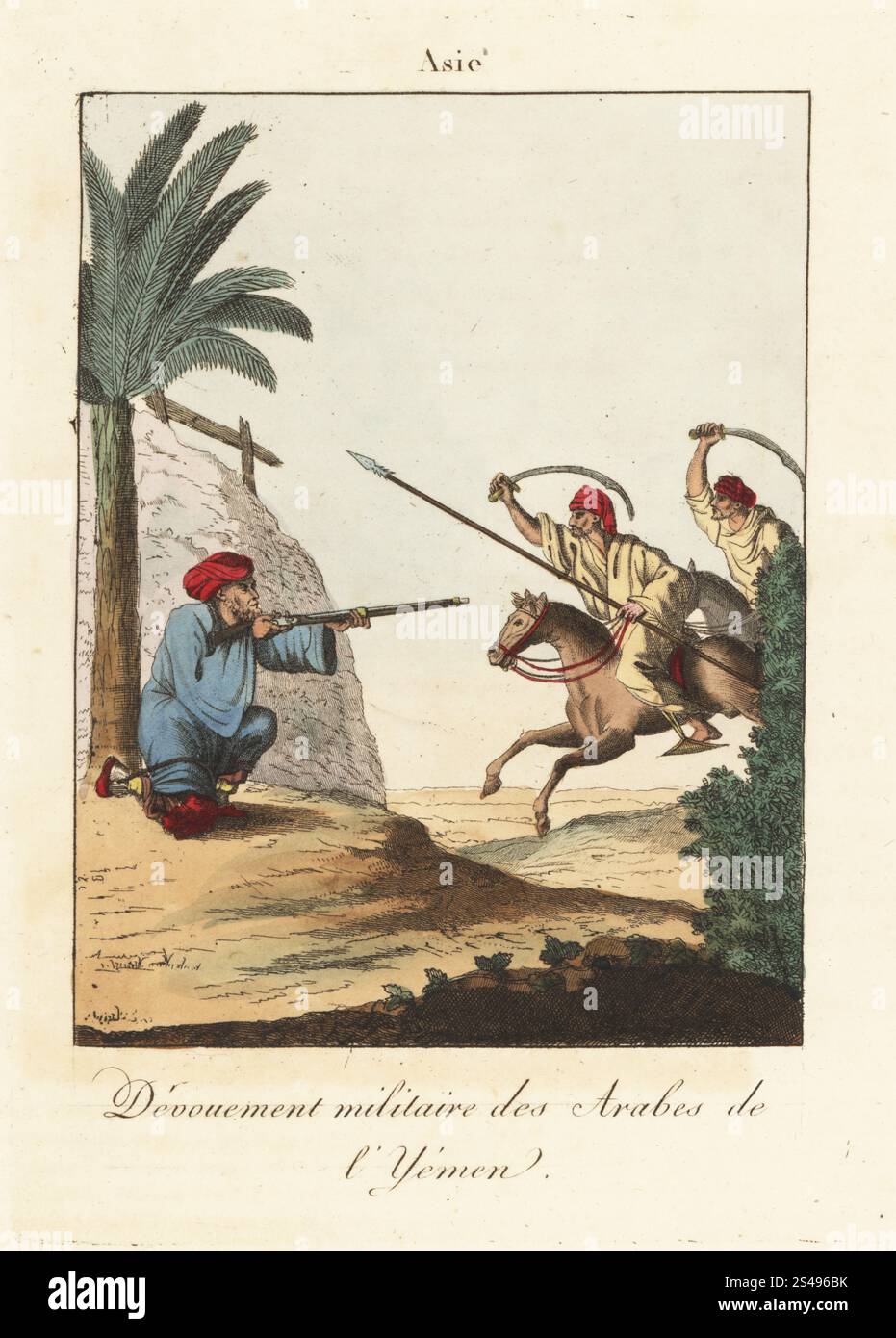 Ardore militare degli arabi yemeniti, XVIII secolo. Un moschettiere si sforza immobilizzando la gamba destra con una cinghia per dimostrare il suo zelo. Due cavalieri nemici caricano con lancia e scimitar. Devouement militaire des Arabes de l'Yemen. Incisione in rame colorata a mano da Moeurs et Coutumes des Peuples ou Collection de Tableaux représentant les usages remarquables, les mariages, funérailles, supplices et fêtes des diverses Nations du monde, Manners and Customs of Peoples, Veuve Hocquart, Parigi, 1811. Foto Stock