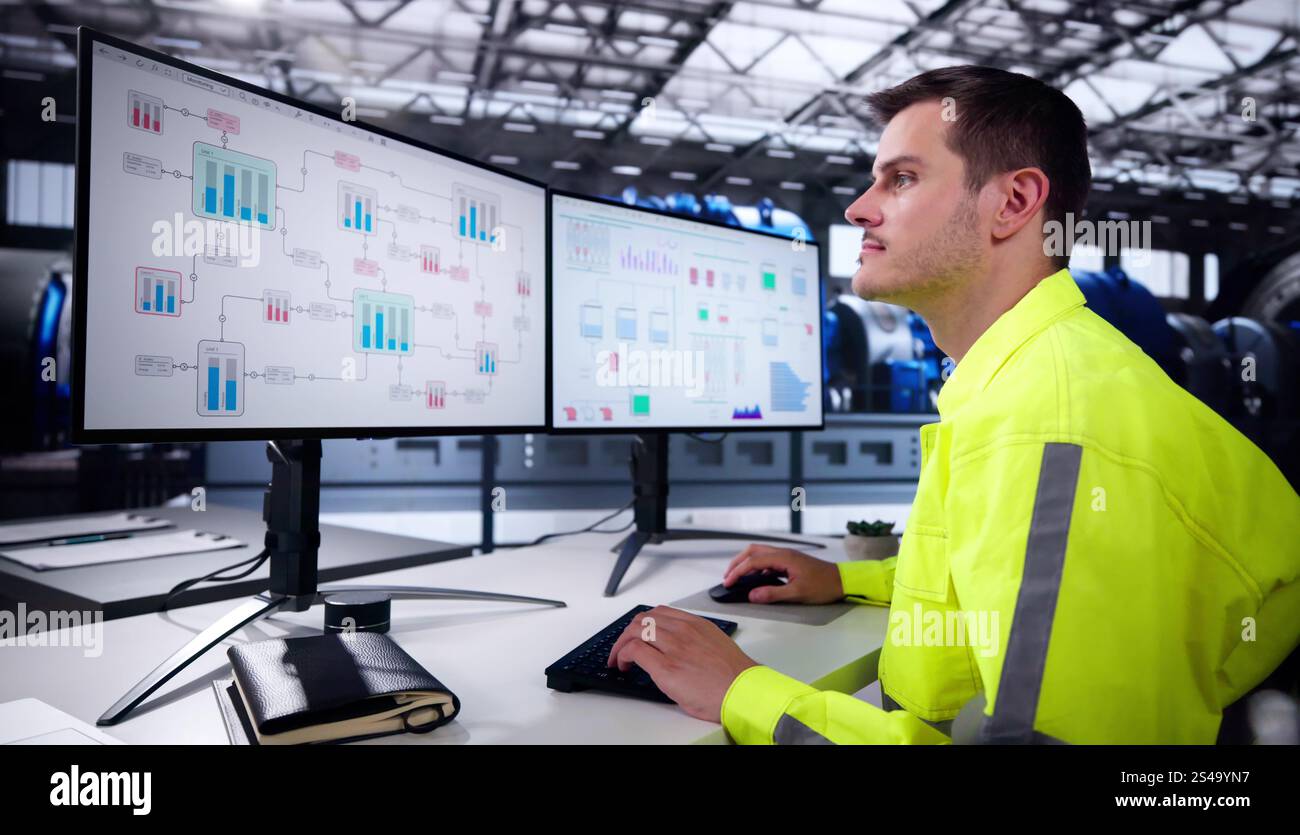 Uomo che lavora nella produzione di energia elettrica della centrale elettrica Foto Stock