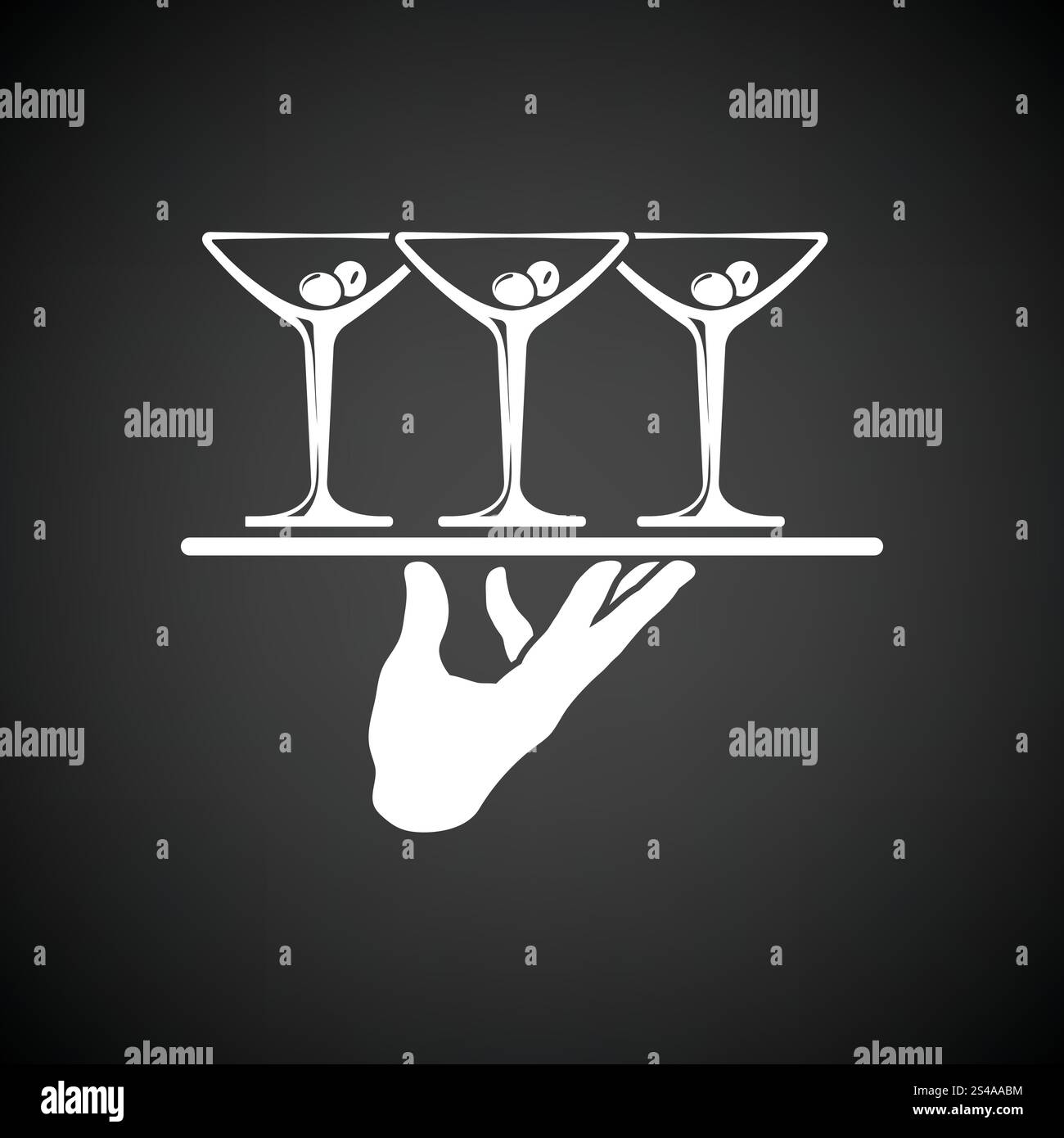 Cameriere mano tenendo il vassoio con bicchieri da martini icona. Sfondo nero con il bianco. Illustrazione Vettoriale. Illustrazione Vettoriale