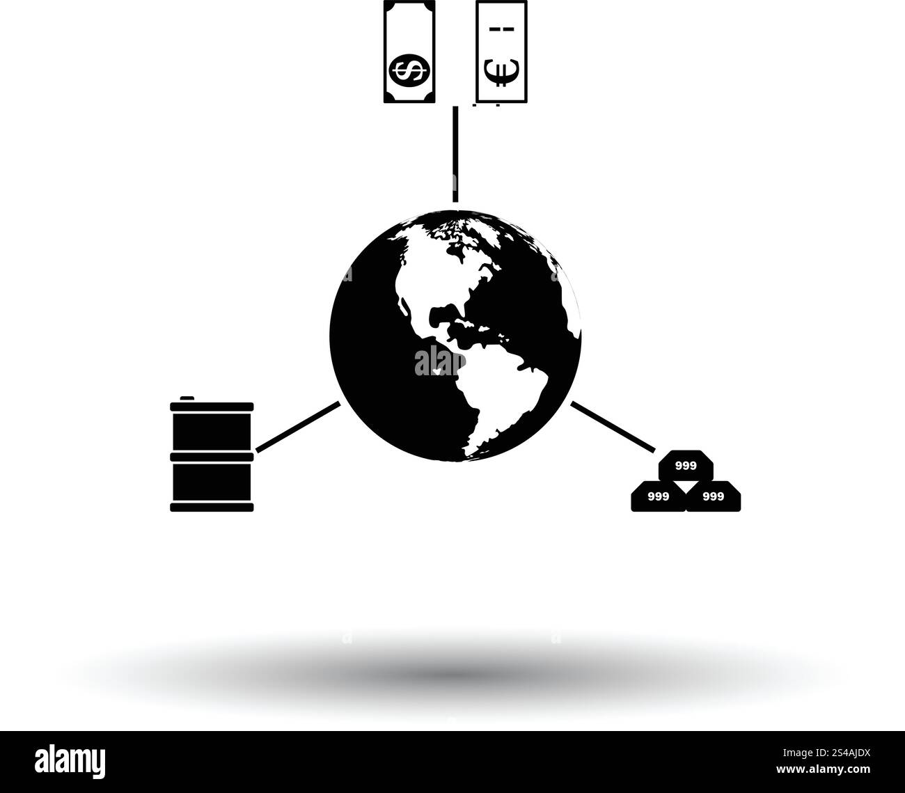 Olio, dollaro e oro con planet concetto icona. Sfondo bianco con ombra design. Illustrazione Vettoriale. Illustrazione Vettoriale