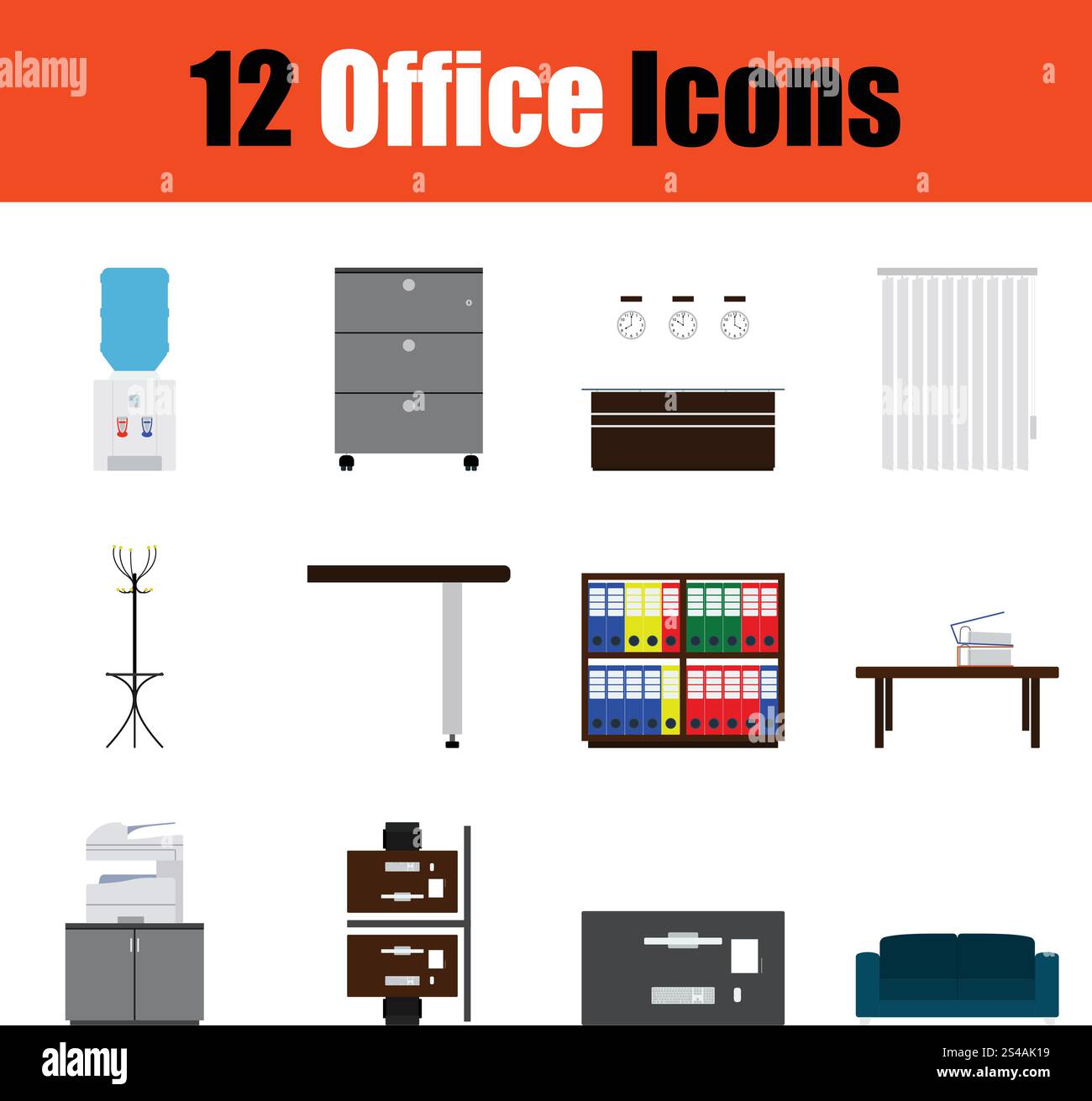 Design piatto mobili per ufficio icona impostare nell'interfaccia utente a colori. Illustrazione Vettoriale. Illustrazione Vettoriale