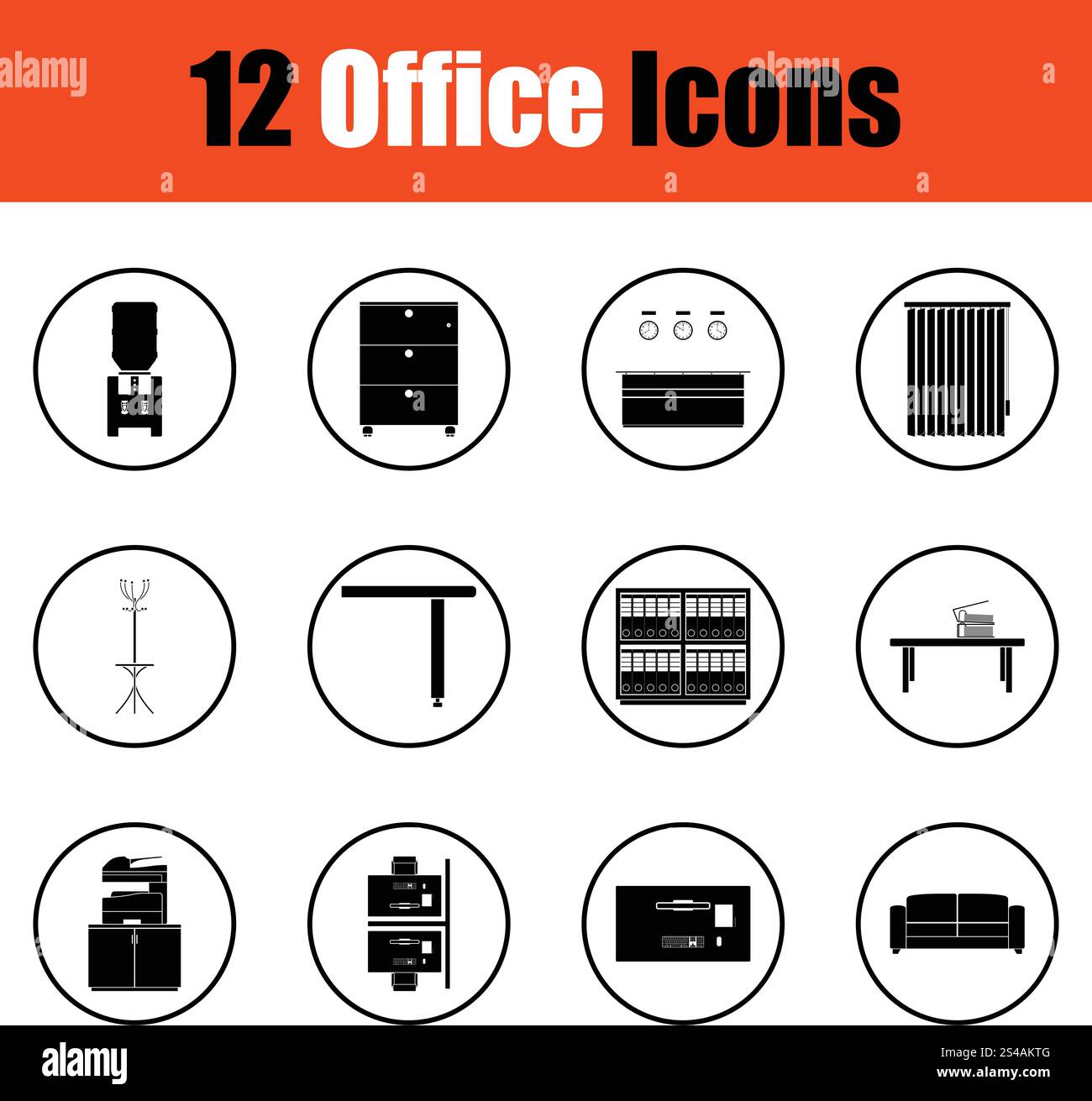 Mobili per ufficio icon set. Cerchio sottile design. Illustrazione Vettoriale. Illustrazione Vettoriale