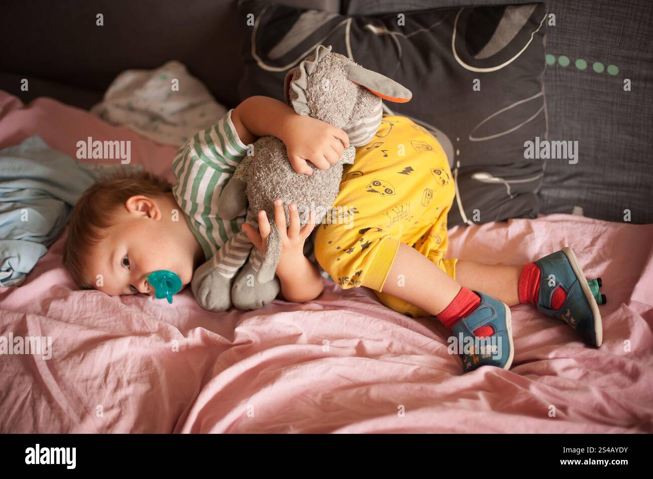 Un bambino è sdraiato su un letto, stringendo un soffice animale impagliato mentre fa un pisolino. La camera è intima e piena di soffici letti, che incarnano il comfort. Foto Stock