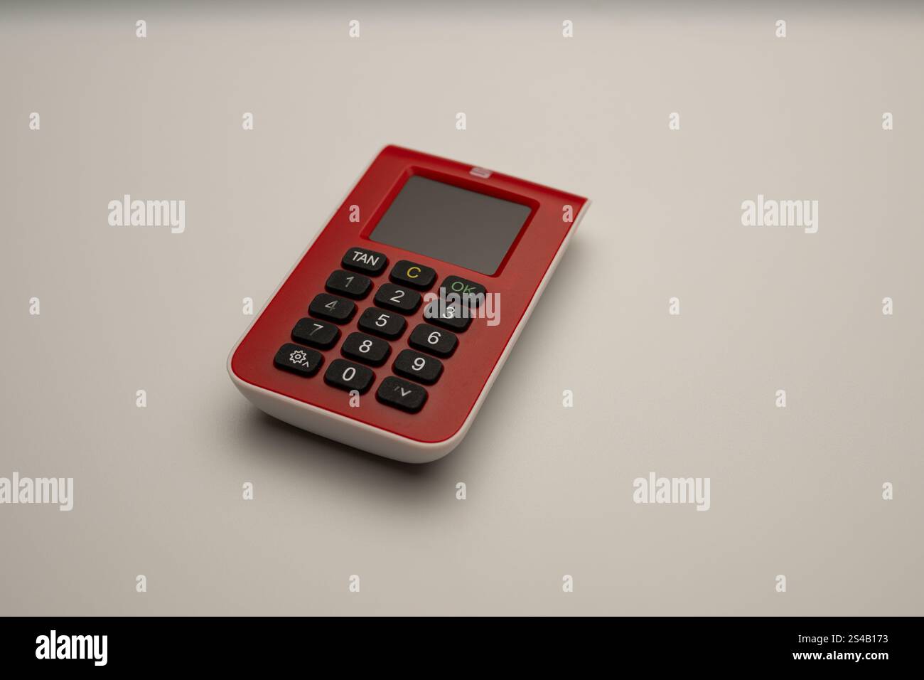 , Deutschland, 11.01.2025, Ein roter TAN-Generator liegt auf einem neutralen Hintergrund. Ideal für Themen Wie Online-Banking, Sicherheit e digital Foto Stock