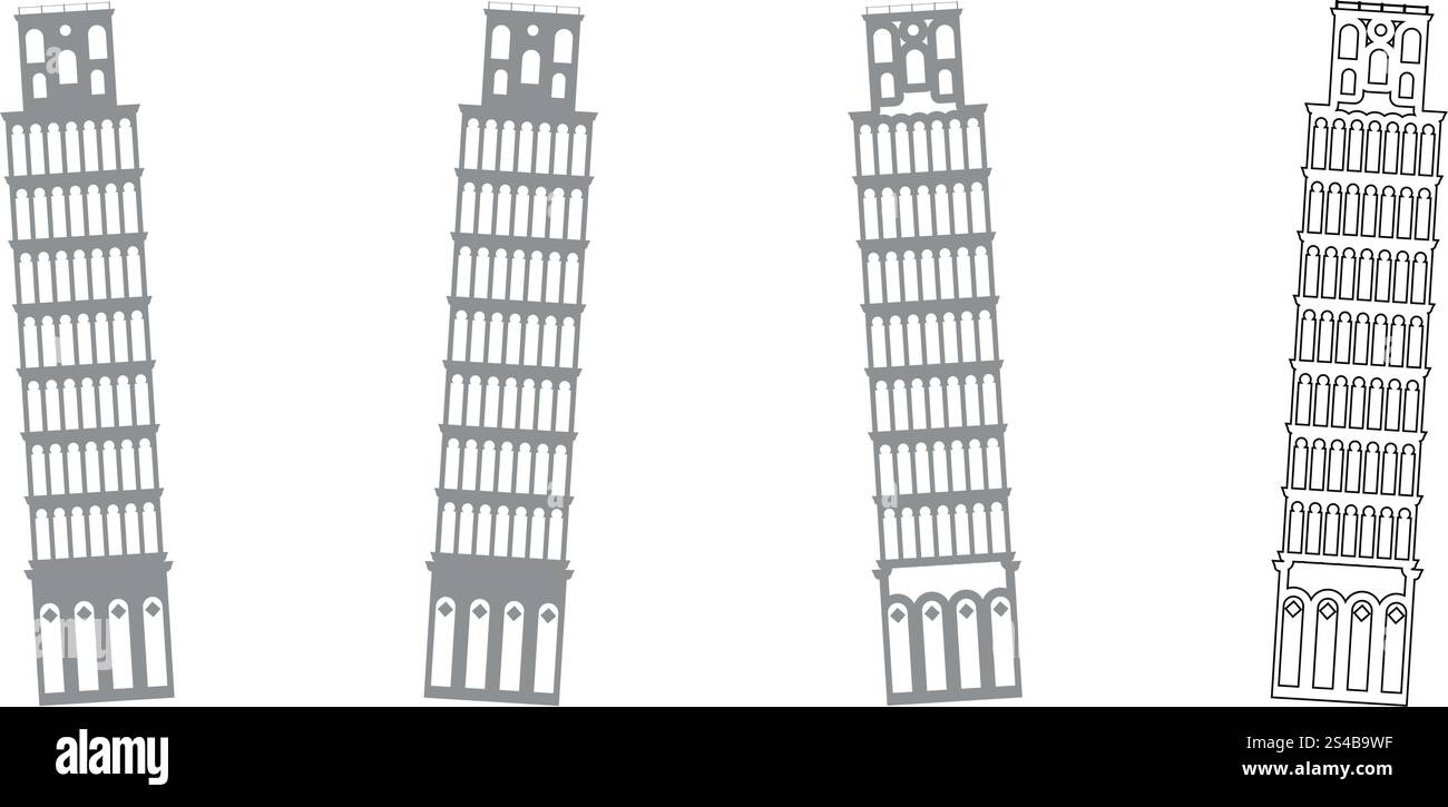 Icona del set grigio della torre di Pisa . Illustrazione Vettoriale