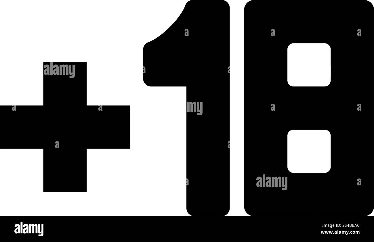 Più 18 + 18 icona nera . Illustrazione Vettoriale