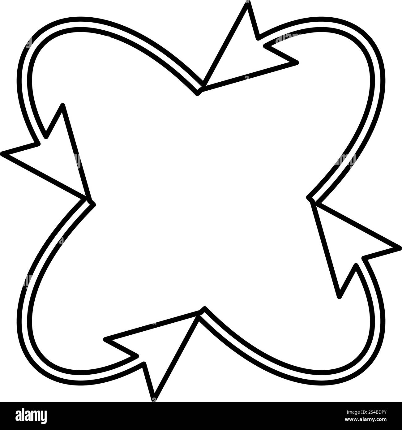 Quattro frecce in loop nel e dal centro icona nera . Illustrazione Vettoriale