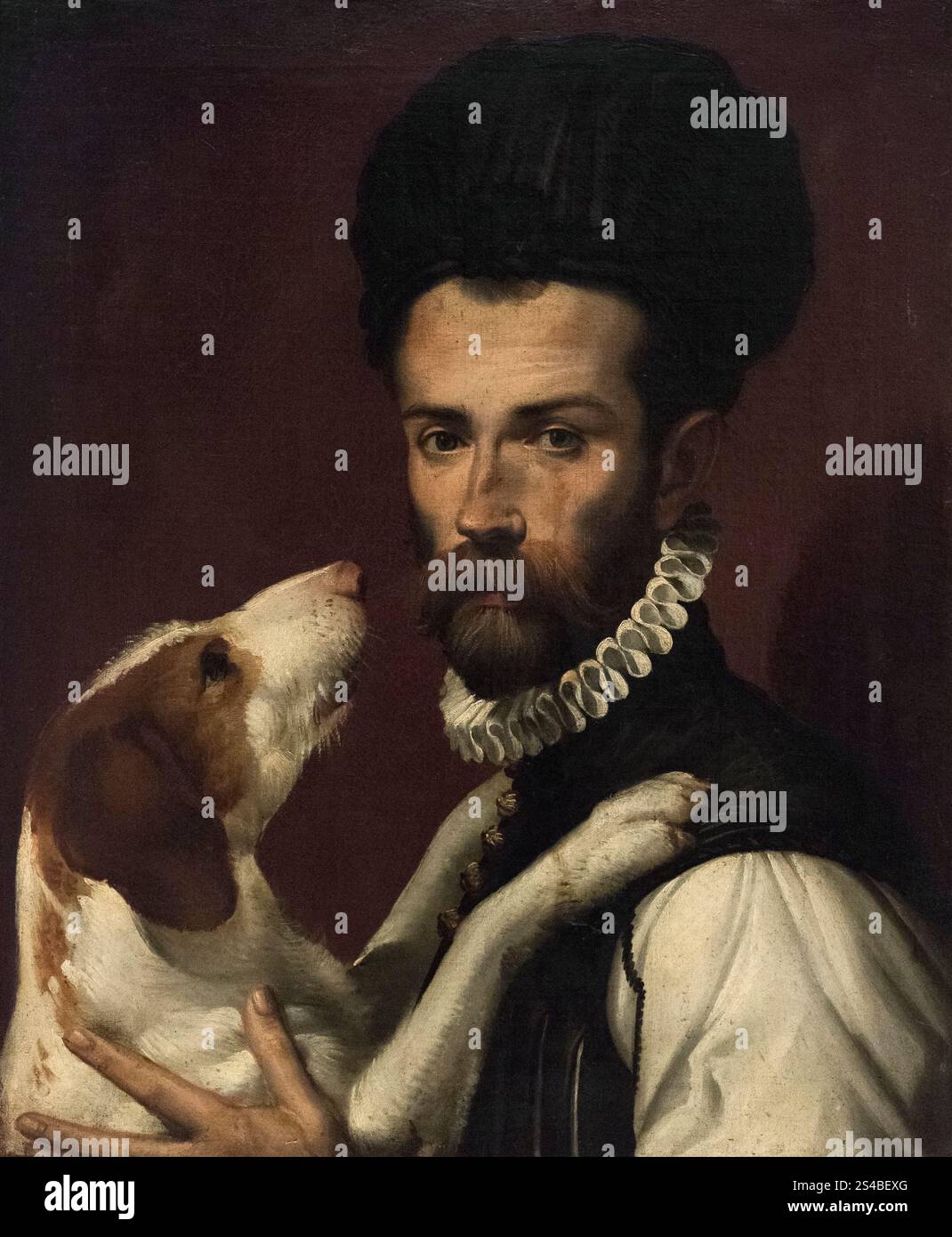 Bartolomeo Passerotti (1529-1592), Ritratto di un uomo con un cane, dopo il 1585. Ritratto d'uomo con un cane. Musei Capitolini, Roma, Italia. Olio su lattina Foto Stock