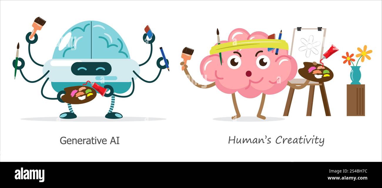 INTELLIGENZA ARTIFICIALE contro cervello umano nel disegno e nella pittura . Personaggio dei cartoni animati . Vettore . Illustrazione Vettoriale