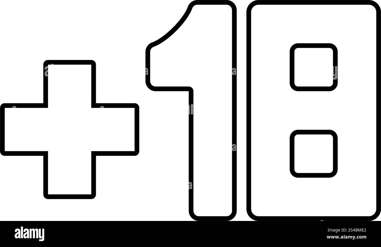 Più 18 + 18 icona nera . Illustrazione Vettoriale