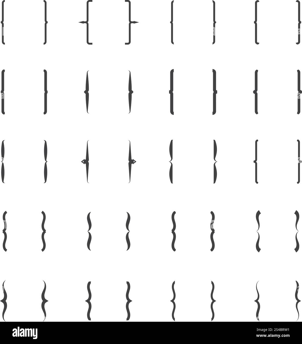 Set di simboli vettoriali di parentesi graffe e ricci. Icone di staffe e staffe. Segni di parentesi graffe vettoriali, set di simboli parentesi graffe Illustrazione Vettoriale