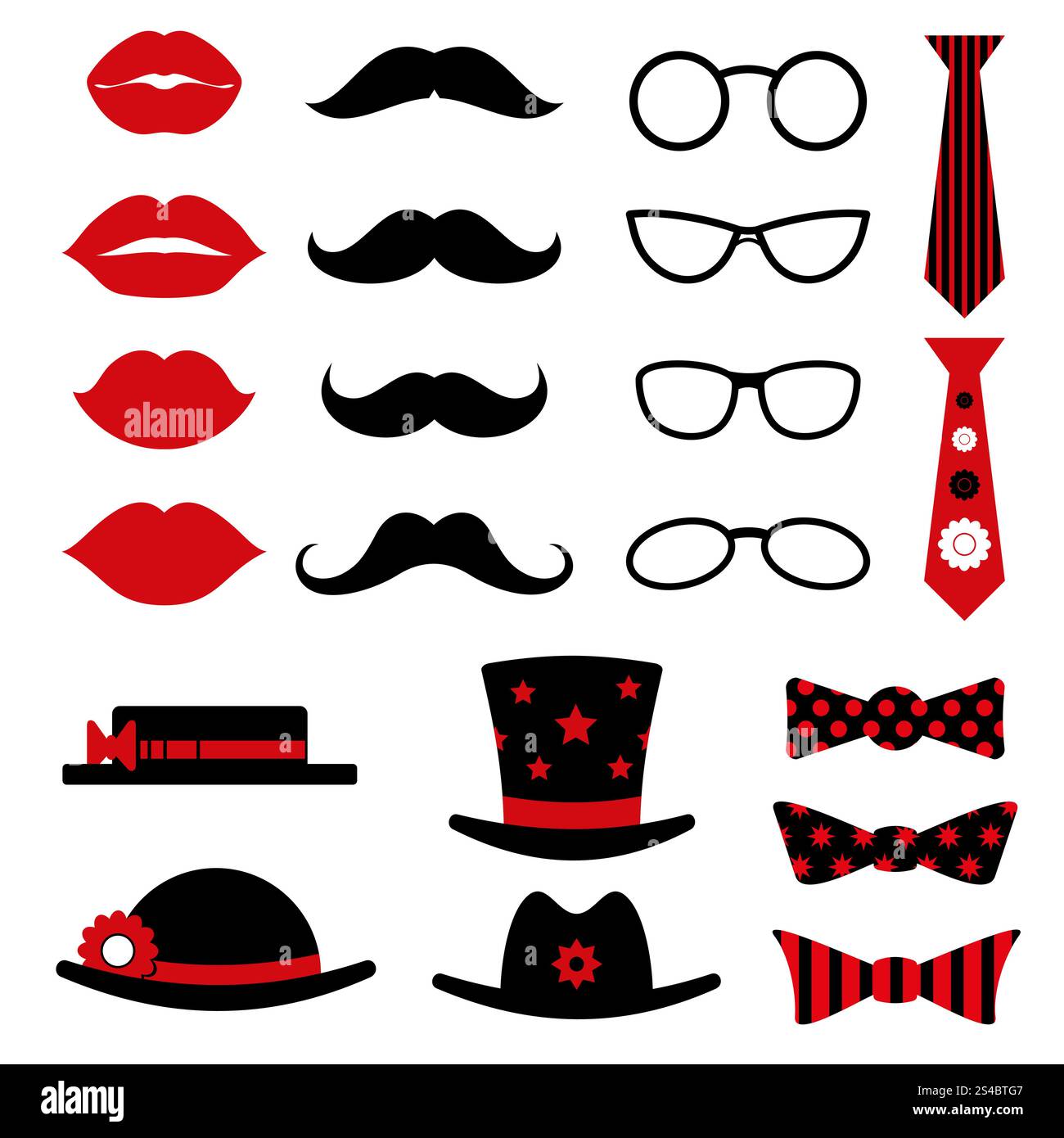 Set vettoriale per feste e compleanni con labbra, baffi, occhiali, cravatta di cappelli. Set vettoriale per feste e compleanni con labbra, baffi, occhiali, cappelli e cravatta. Cabina fotografica per maschere, baffi e occhiali, illustrazione degli accessori per cabina fotografica Illustrazione Vettoriale