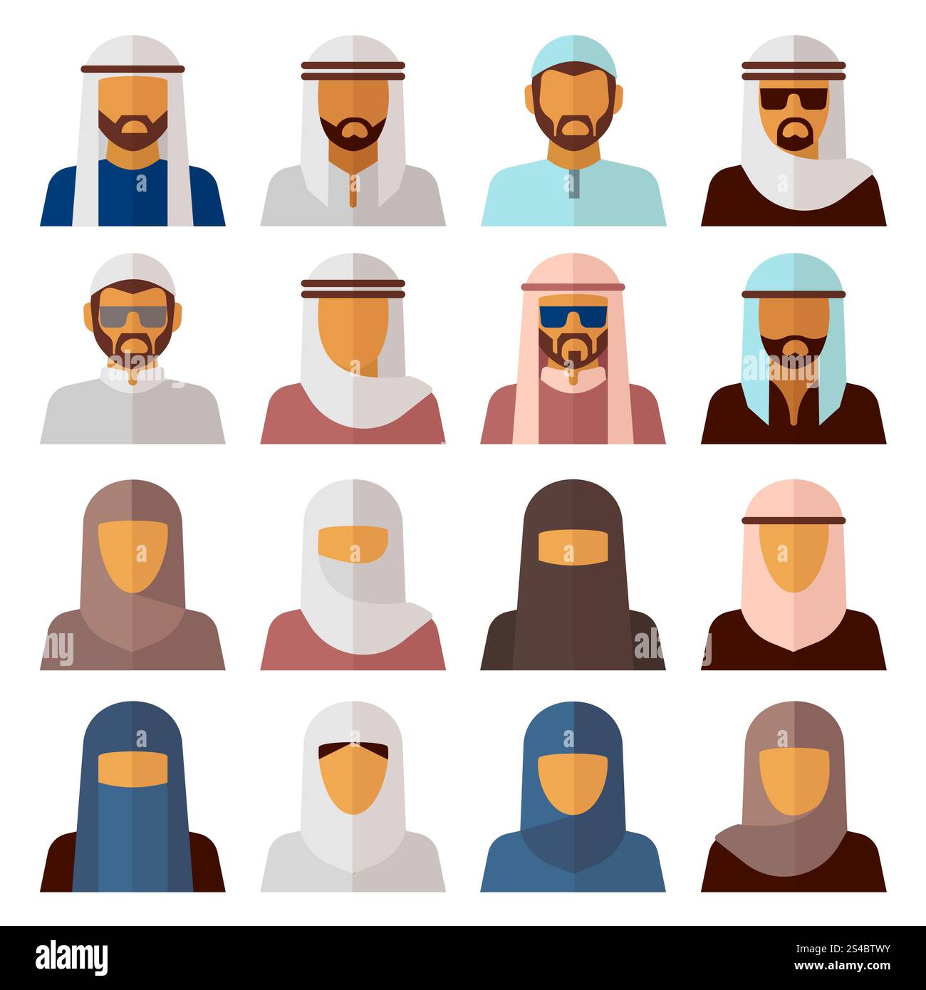 Avatar del popolo del Medio Oriente. Icone del popolo musulmano. Avatar delle persone del Medio Oriente impostato in stile vettoriale piatto Illustrazione Vettoriale
