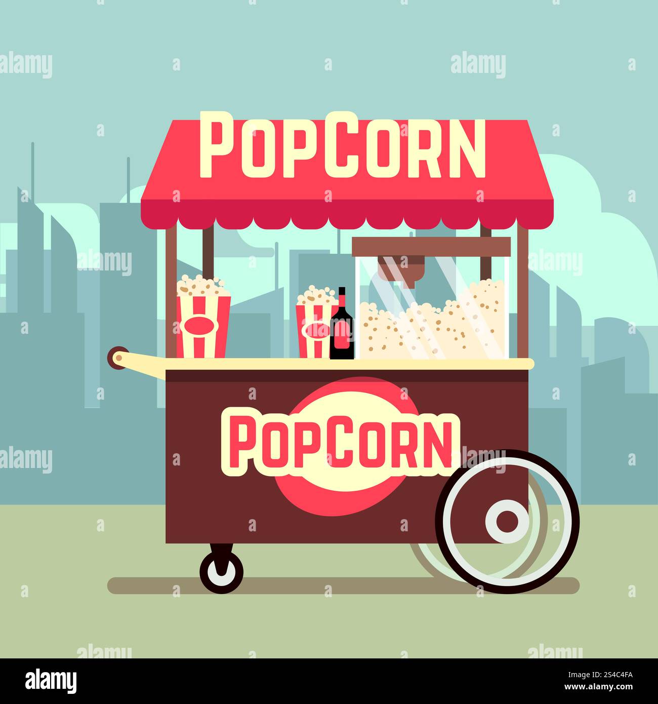 Carrello distributori automatici di cibo di strada con illustrazione vettoriale della macchina per popcorn. Carrello distributori automatici di cibo di strada con macchina per popcorn. Chiosco mobile Vector con pop corn, carrello illustrativo per la vendita di popcorn Illustrazione Vettoriale