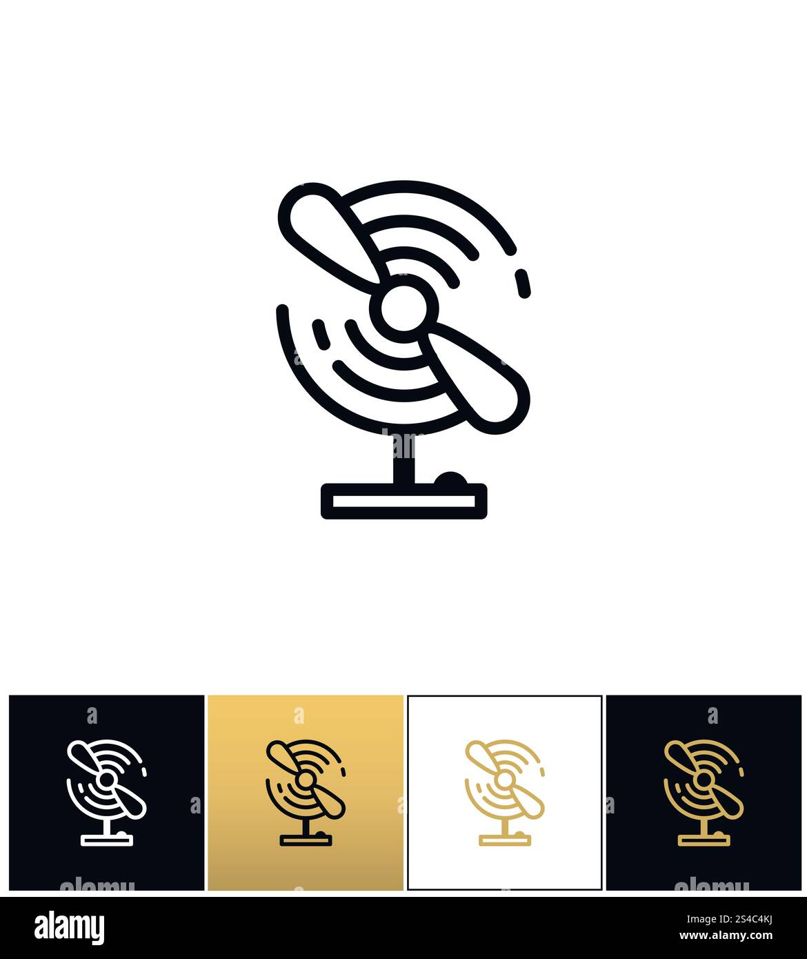 Icona vettore linea ventola elettrica portatile. Icona vettore linea ventola elettrica portatile. Pittogramma portatile a linee di ventole elettriche su sfondo nero, bianco e oro Illustrazione Vettoriale