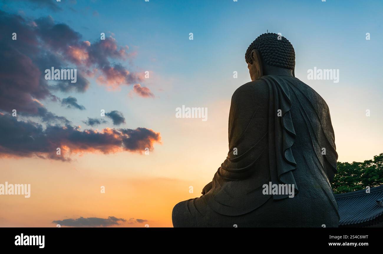 Cheonan-si, Chungcheongnam-do, Corea del Sud - 1° maggio 2024: Tempio di Gakwonsa, il misterioso retro del Buddha che guarda il tramonto. Foto Stock