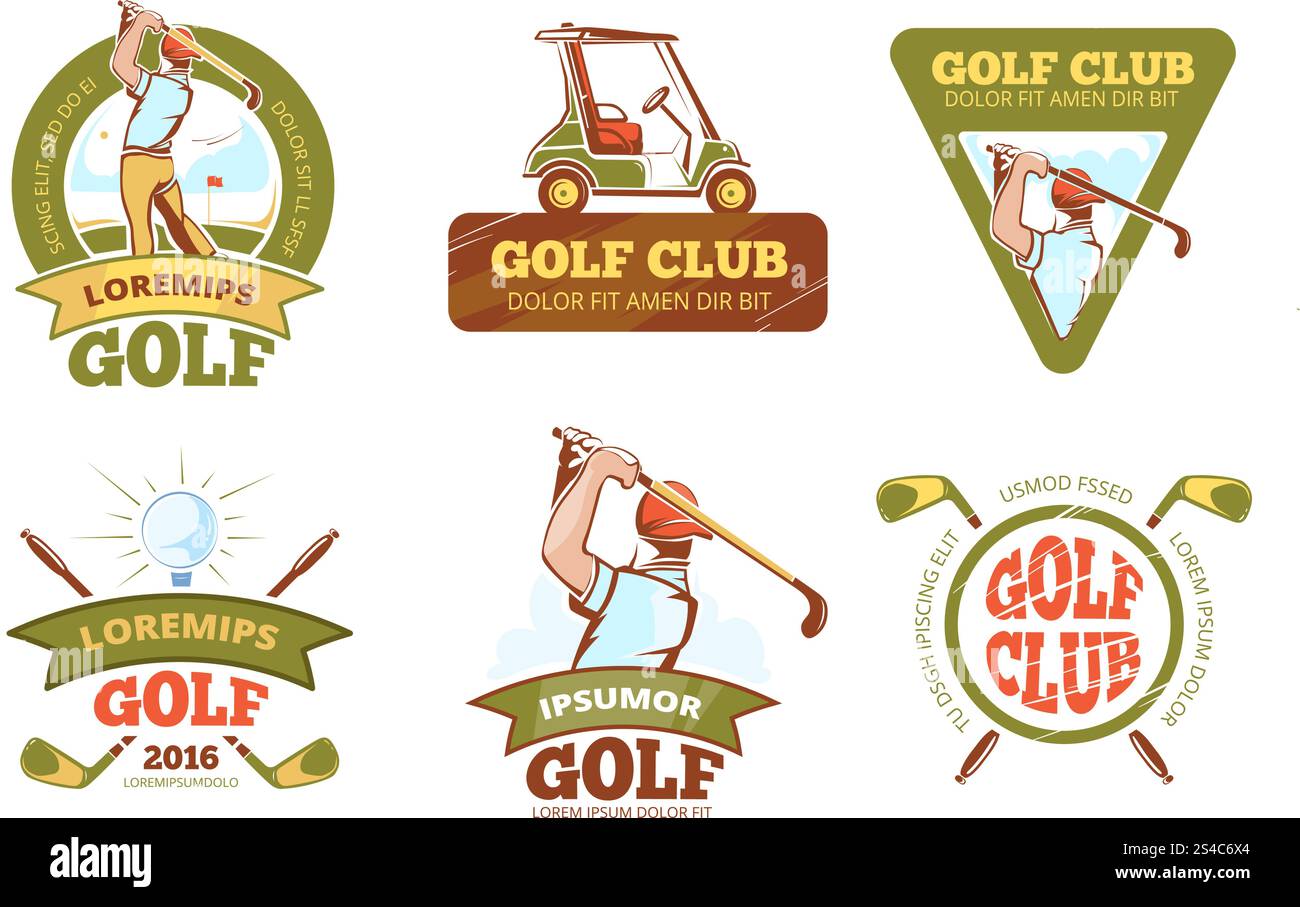 Golf club, etichette vettoriali per tornei, emblemi, badge e loghi. Golf club, etichette vettoriali per tornei di golf, emblemi, badge e loghi. Illustrazione del gruppo di logotipi concorrenza Illustrazione Vettoriale