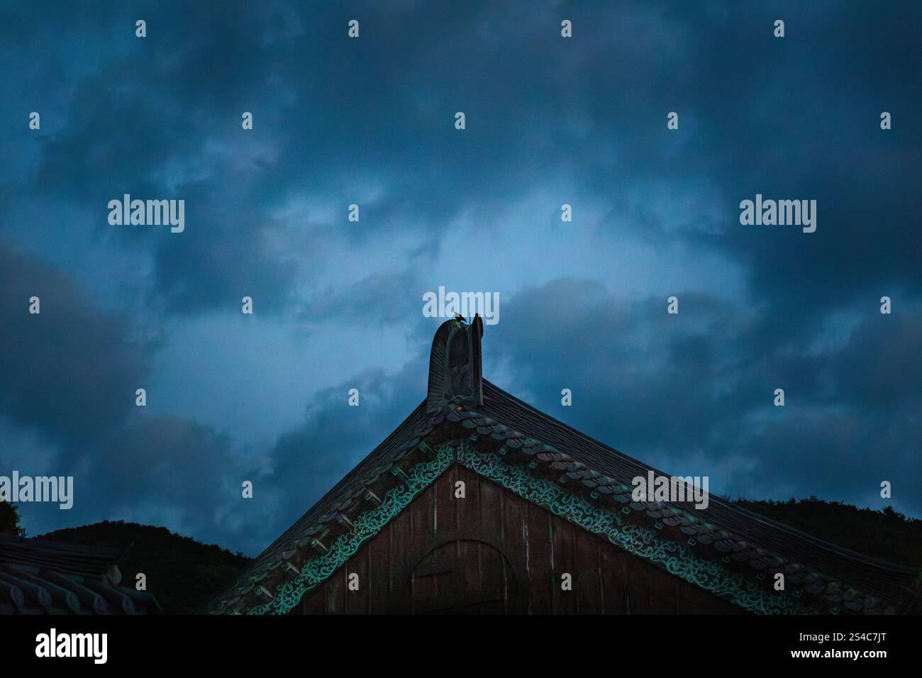 Un corvo seduto sul tetto di un tranquillo tempio tradizionale coreano in serata Foto Stock