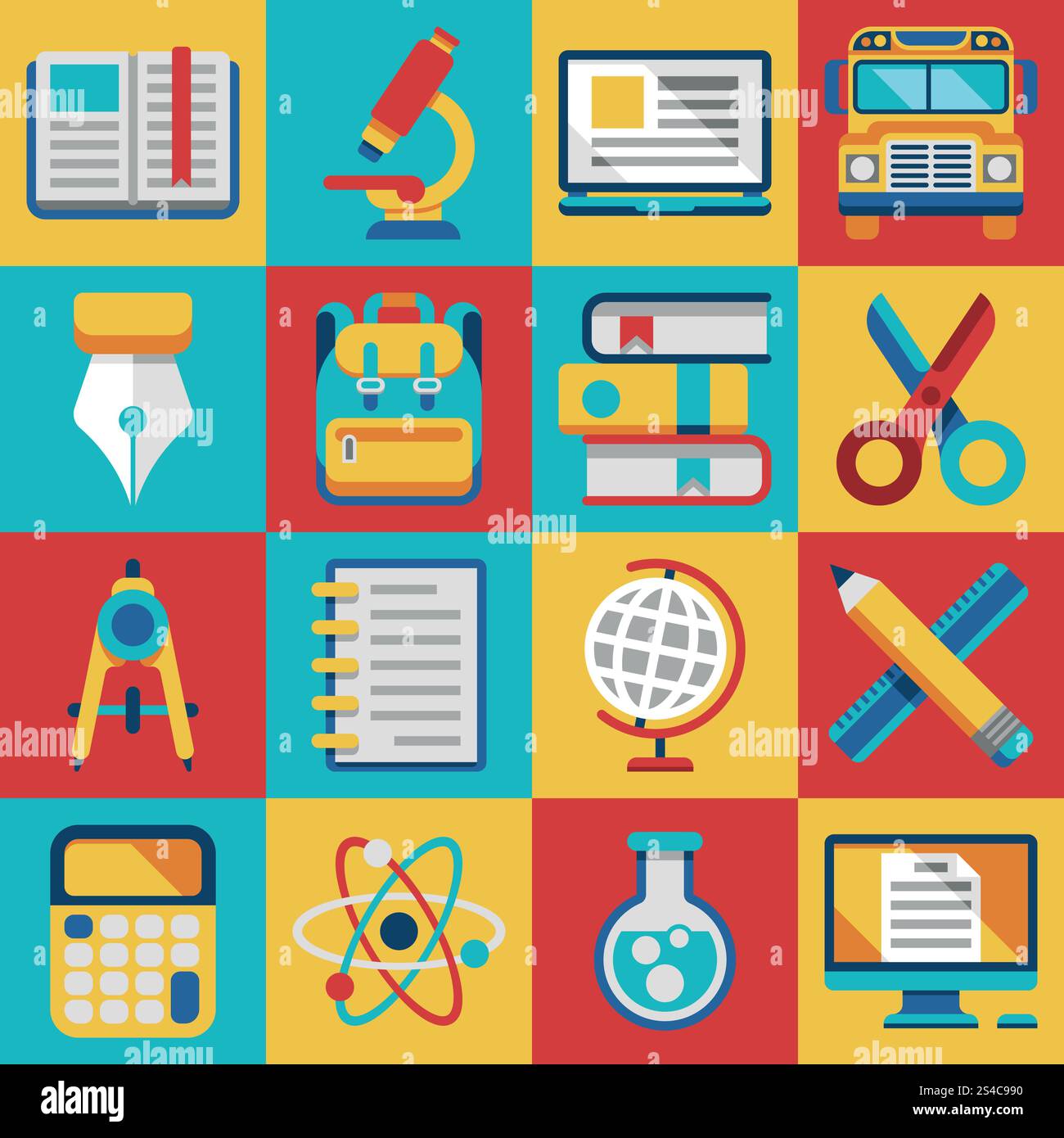 Scuola e università icone moderne. L'istruzione scolastica e universitaria studia l'insegnamento imparando le icone piatte moderne Illustrazione Vettoriale