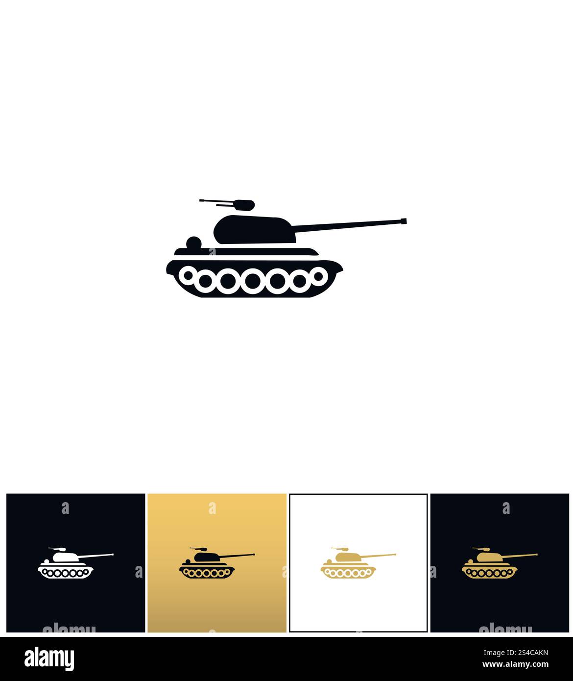 Simbolo del carro armato militare o icona del vettore di artiglieria da guerra di fuoco. Simbolo del carro armato militare o icona del vettore di artiglieria da guerra di fuoco. Cartello militare dei carri armati o pittogramma di artiglieria da fuoco su sfondo nero, bianco e oro Illustrazione Vettoriale