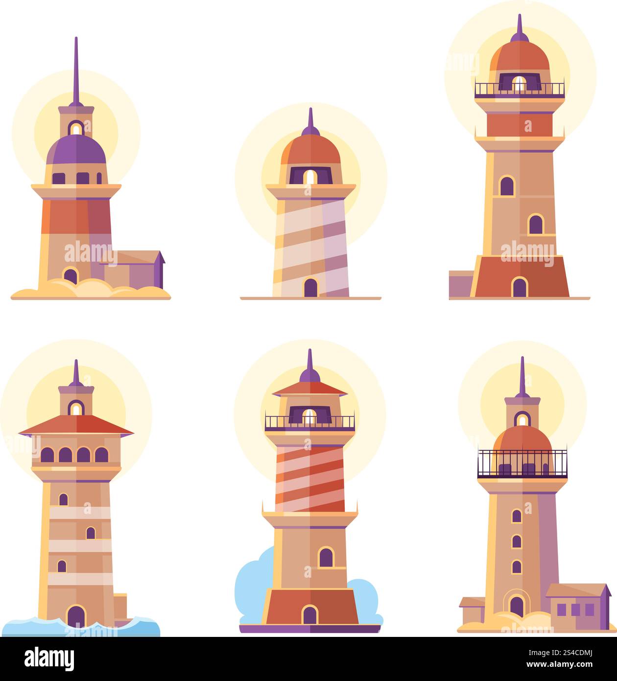 Icone vettoriali del faro cartoni animati. Icone dei cartoni animati vettoriali del faro dei cartoni animati. Girofaro marino per l'illustrazione della navigazione Illustrazione Vettoriale