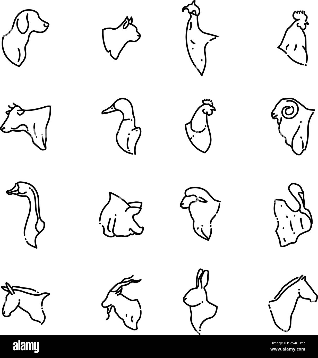 Icone piatte con linee sottili di animali da allevamento e teste di uccelli. Animali da fattoria e teste di uccelli icone piatte con linee sottili. Figura testa animali da fattoria e contorno testa mucca, gallina, maiale. Illustrazione vettoriale Illustrazione Vettoriale