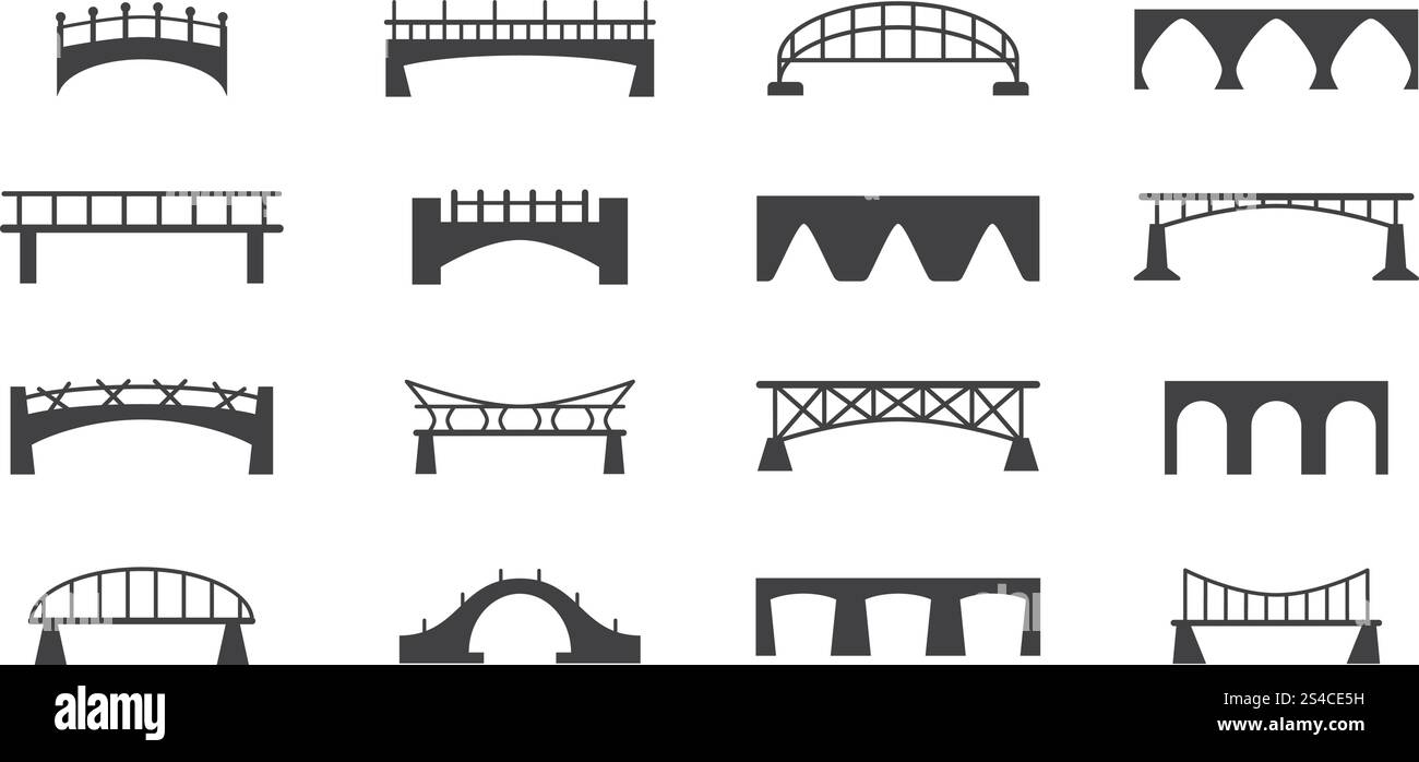 Set di icone vettoriali bridge. Set di icone vettoriali bridge. Sagoma nera della struttura del ponte, illustrazione del fiume e della ferrovia Illustrazione Vettoriale
