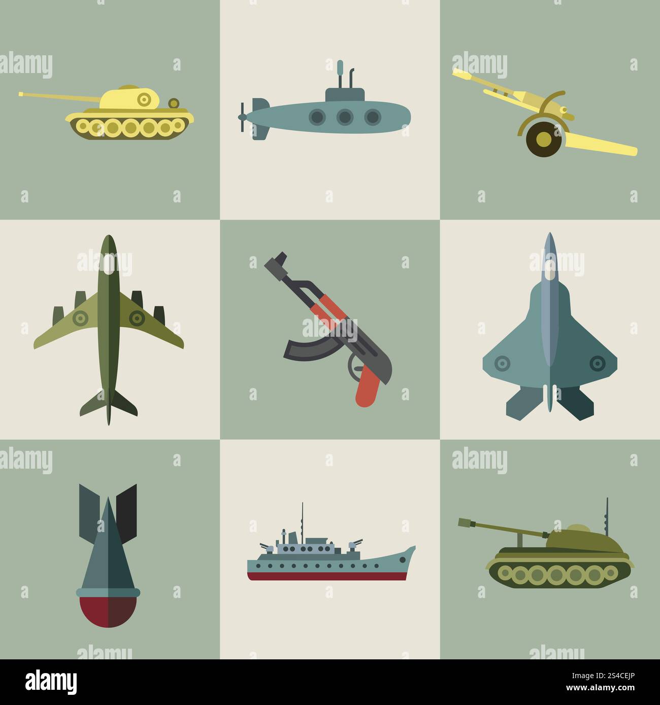 Icone piatte di equipaggiamento militare e armi. Icone piatte di equipaggiamento militare e armi. Nave da guerra dell'esercito, aereo dell'esercito, illustrazione dell'equipaggiamento dell'esercito Illustrazione Vettoriale