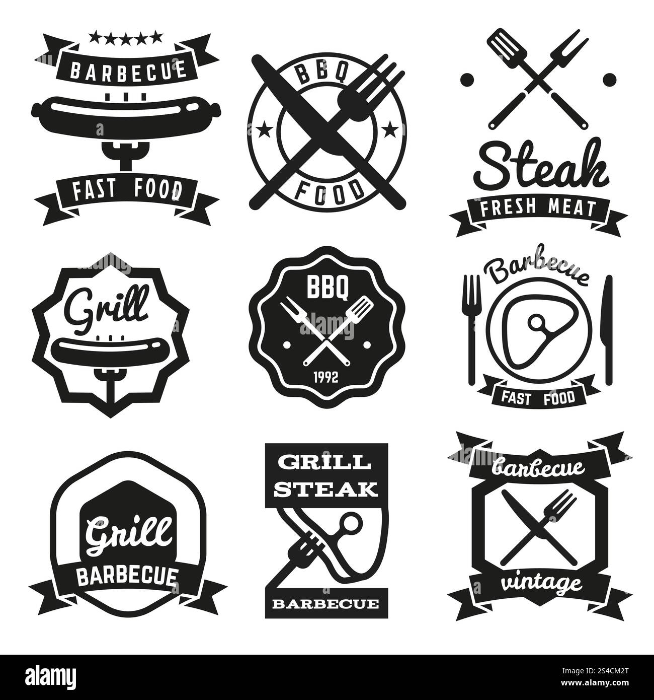 Fast food, barbecue, emblemi vettoriali vintage. Emblemi vettoriali vintage del fast food, etichette per barbecue o set di logo per barbecue. Emblemi per barbecue e modelli con logo per barbecue Illustrazione Vettoriale