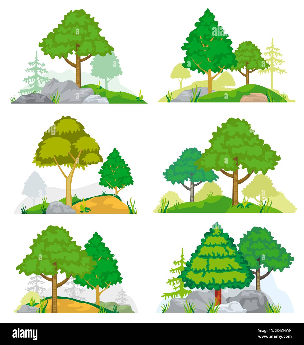 Paesaggi con alberi di conifere e decidue, erba o rocce. Gruppo vettoriale. Paesaggi con alberi di conifere e decidue, erba e rocce. Insieme vettoriale di paesaggi naturali con alberi e rocce, illustrazione di alberi di conifere forestali Illustrazione Vettoriale