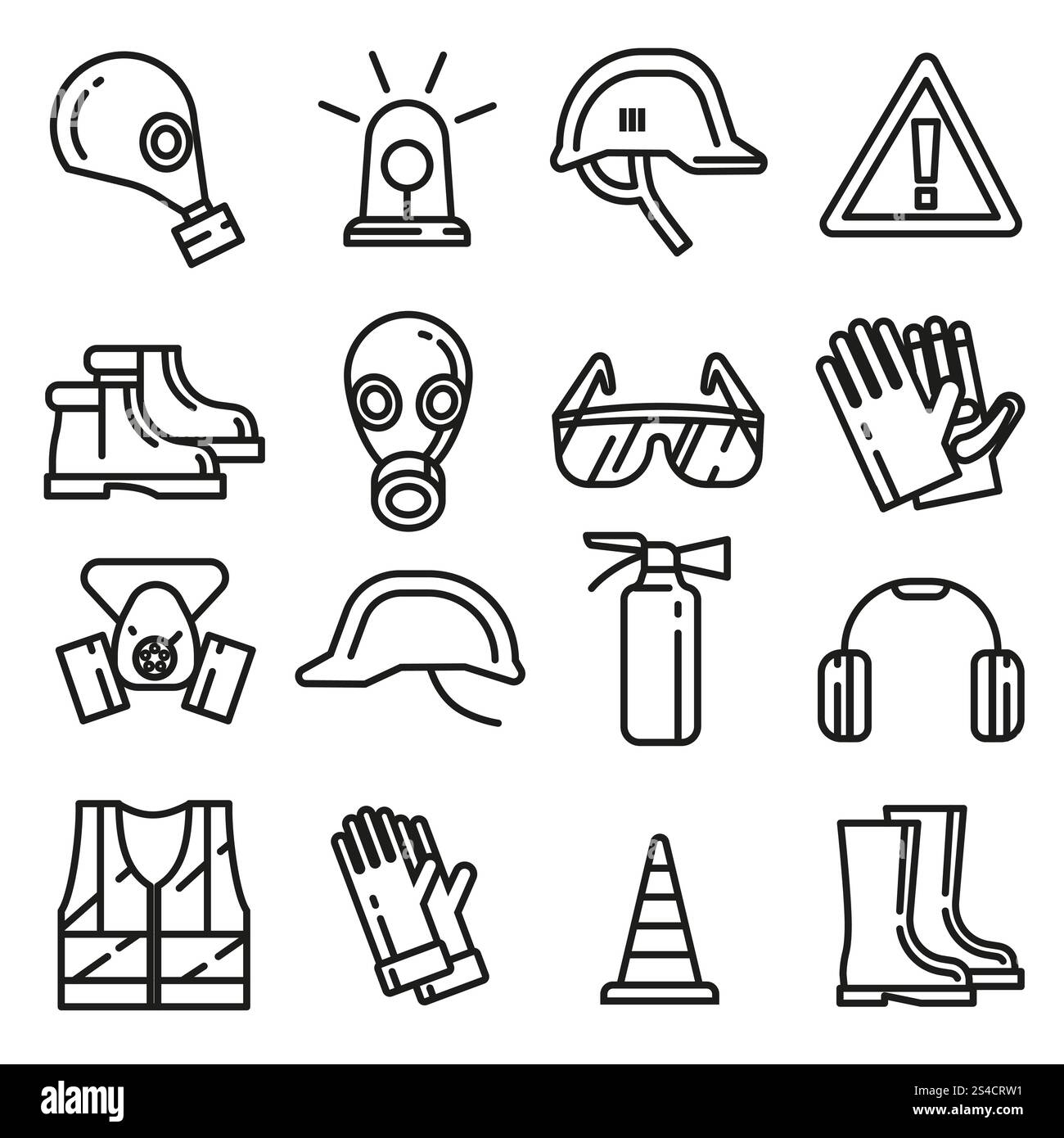 Set di icone sottili della linea vettoriale degli elementi di protezione del lavoro di sicurezza. Set di icone sottili della linea vettoriale degli elementi di protezione del lavoro di sicurezza. Oggetto per protezione in stile lineare. Illustrazione della maschera di protezione professionale del respiratore e della protezione degli indumenti Illustrazione Vettoriale
