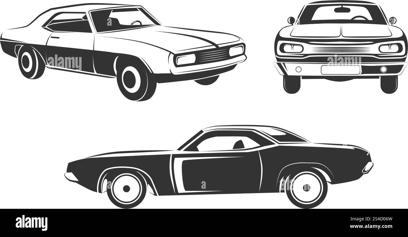 Classico set vettoriale di muscle car retrò. Classico set vettoriale di muscle car retrò. Illustrazione della macchina sportiva a velocità retrò Illustrazione Vettoriale