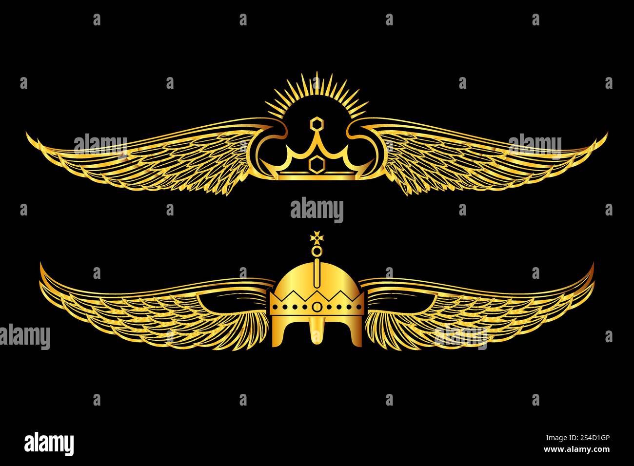 Set di corone alate dorate loghi sfondo nero. Illustrazione della collezione Royal banner Elegance. Set di corone alate dorate loghi sfondo nero Illustrazione Vettoriale