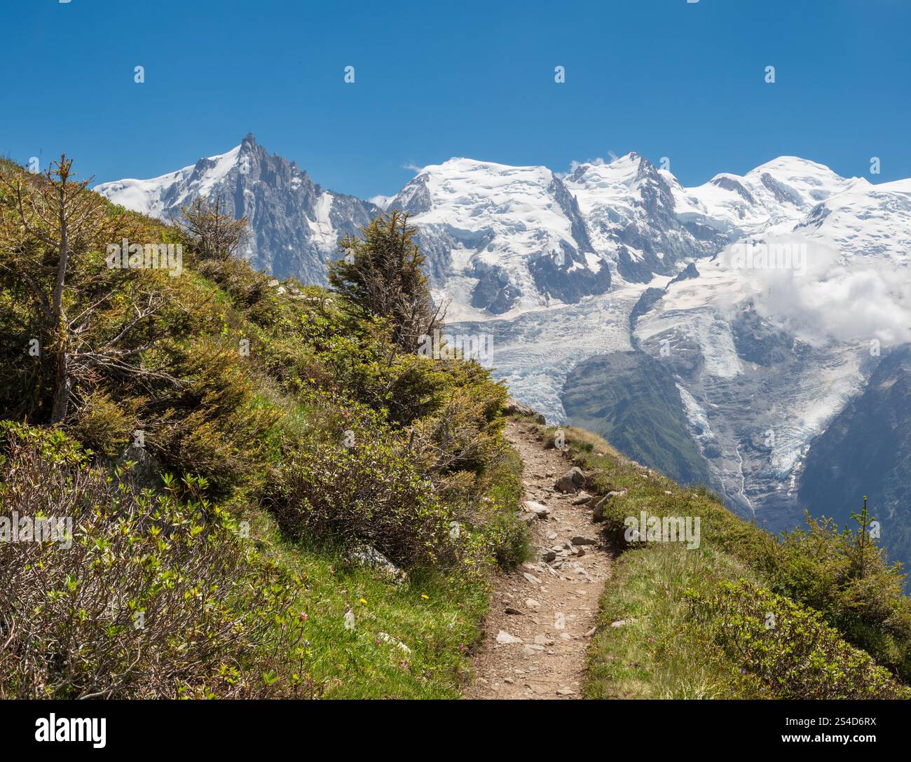 Il massiccio del Monte Bianco e Aigulle du Midi picco - Chamonix. Foto Stock