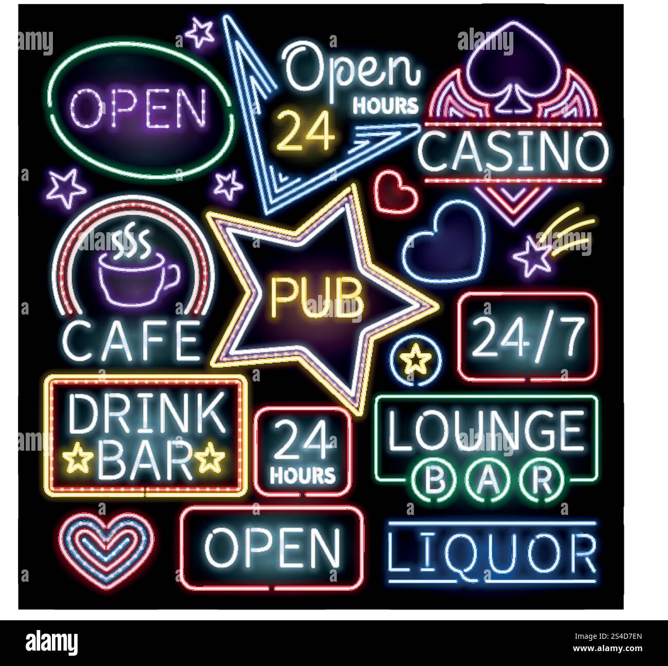 Segni vettoriali di illuminazione a barre al neon. Caffetteria al neon illuminata e casinò, insegna con l'illustrazione aperta al neon. Segni vettoriali di illuminazione a barre al neon Illustrazione Vettoriale