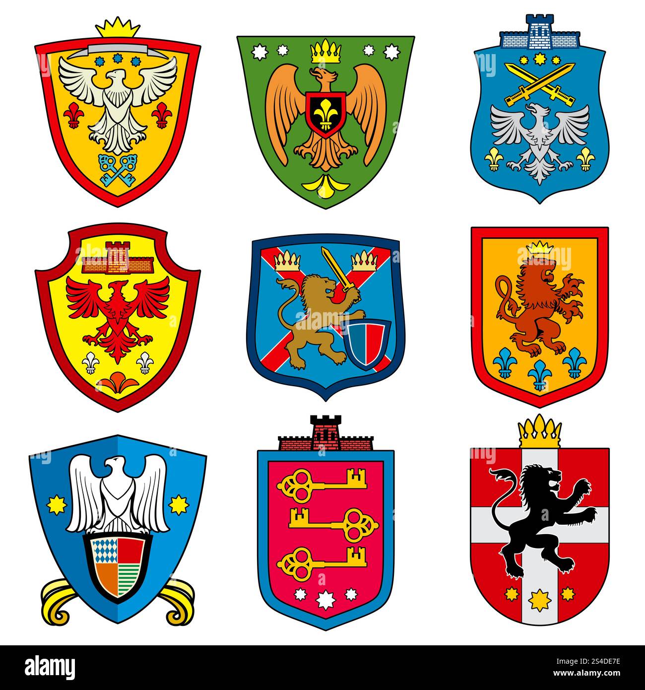 Stemma reale medievale della dinastia familiare su un set vettoriale di scudi. Scudi di colore araldici della nobiltà, illustrazione dello scudo maestoso della dinastia reale. Stemma reale medievale della dinastia familiare su un set vettoriale di scudi Illustrazione Vettoriale