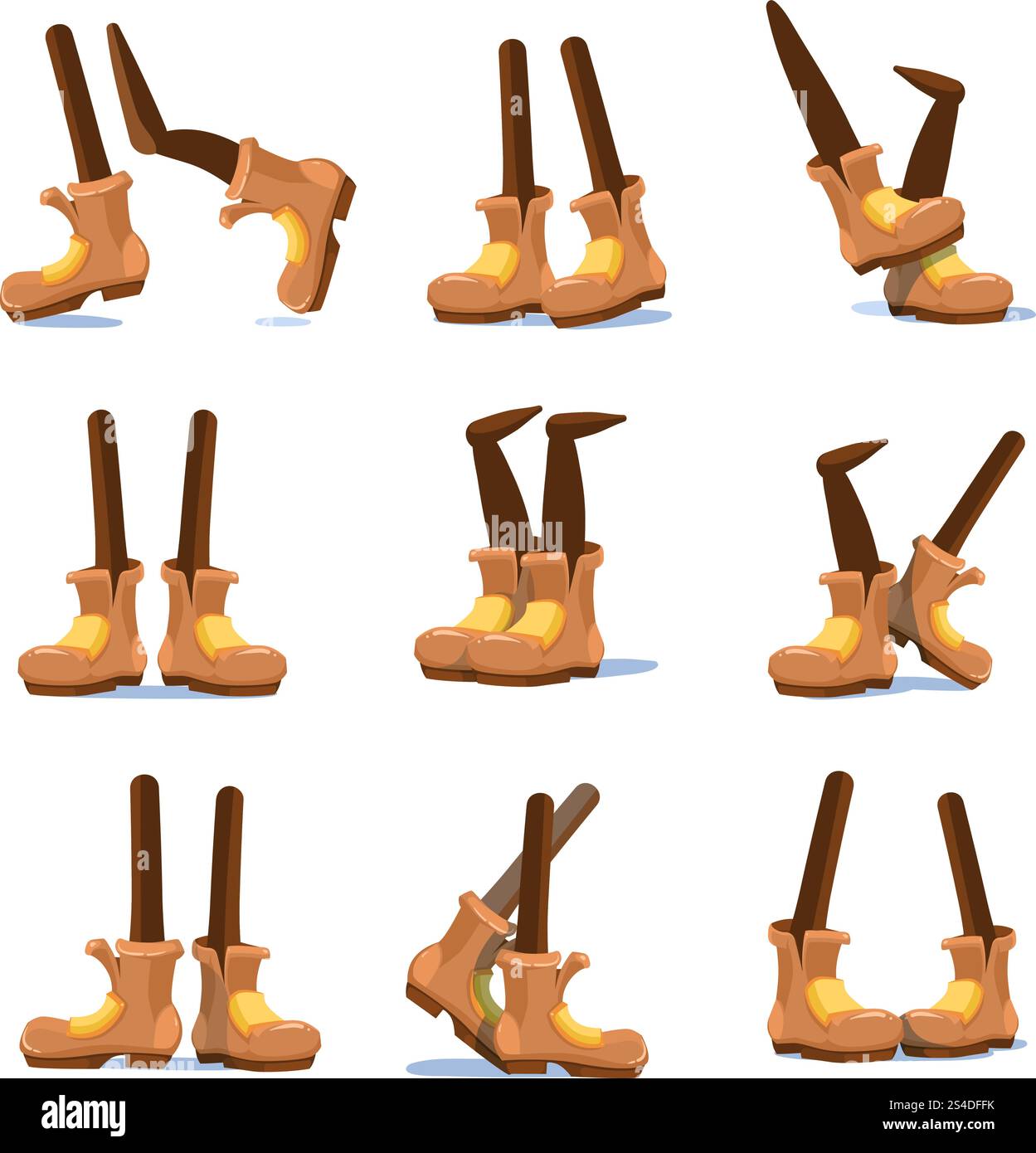 Cartoni animati che camminano, corrono, personaggi in piedi gambe con piedi in set vettoriale di scarpe. Piede comico nelle scarpe, illustrazione del piede del cartone animato negli stivali. Cartoni animati che camminano, corrono, personaggi in piedi gambe con piedi in set vettoriale di scarpe Illustrazione Vettoriale