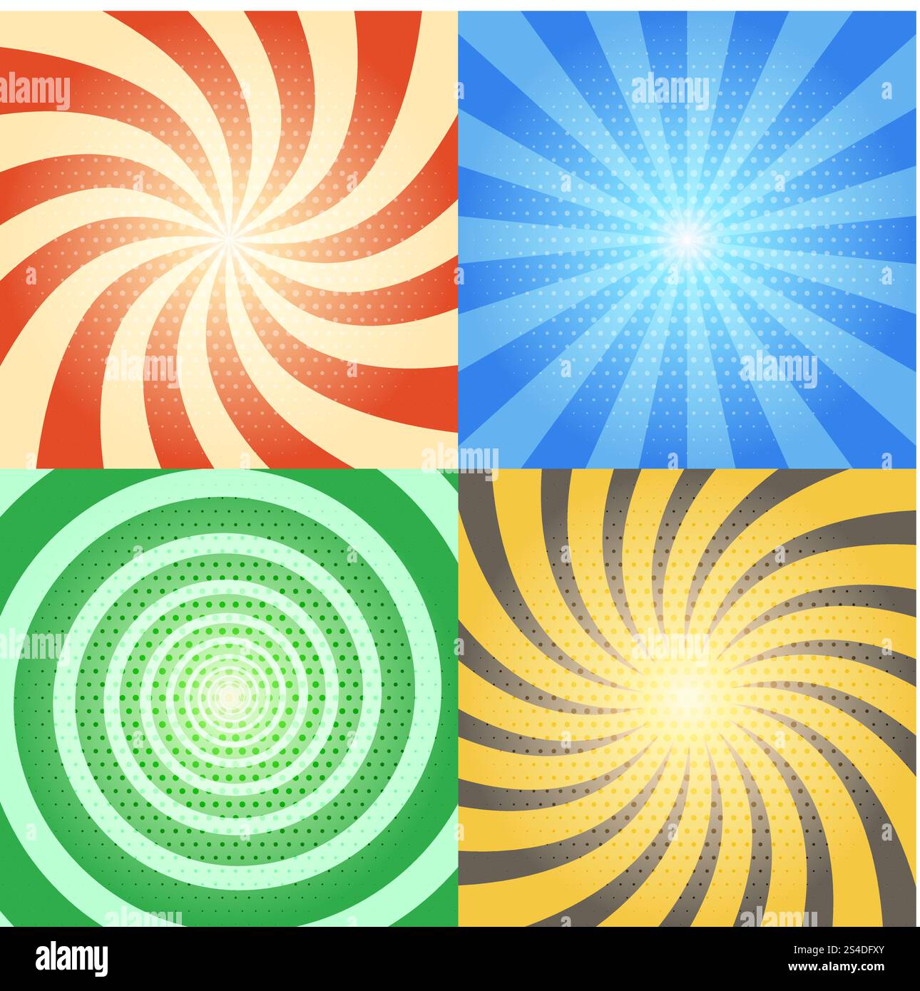 Sfondi vettoriali dei fumetti impostati. Effetti rétro di raggi solari e spirale con motivo a mezzitoni. Collezione di sfondi comici vintage a colori con effetti comici. Sfondi vettoriali dei fumetti impostati. Effetti rétro di raggi solari e spirale con motivo a mezzitoni Illustrazione Vettoriale
