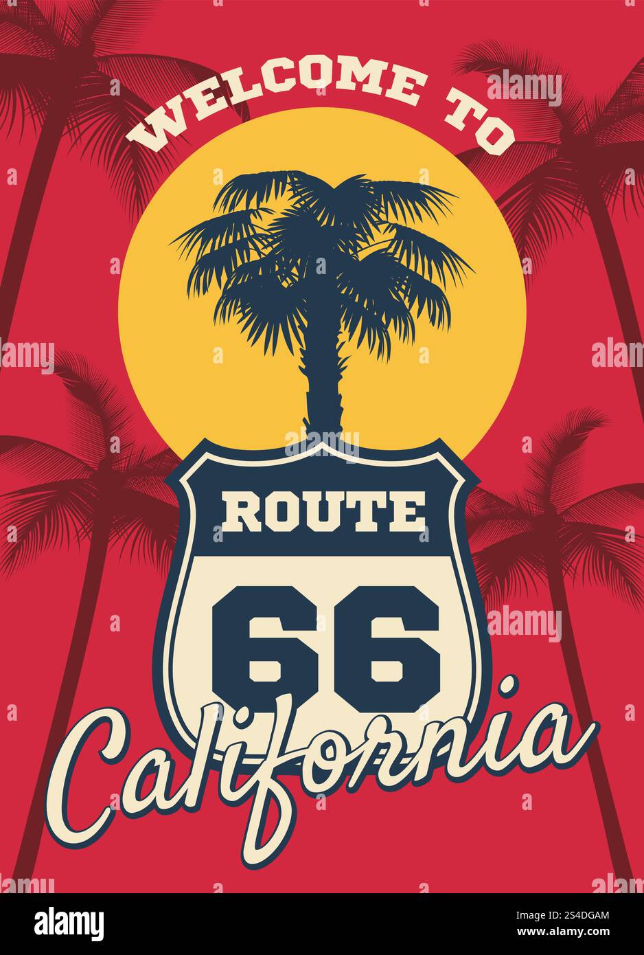 Sfondo vettoriale da sogno a tema della spiaggia della California, design da cartolina. Sagoma di palma d'albero in california, illustrazione del cartello Route 66 per viaggiare in california. Sfondo vettoriale da sogno a tema della spiaggia della California, design da cartolina Illustrazione Vettoriale