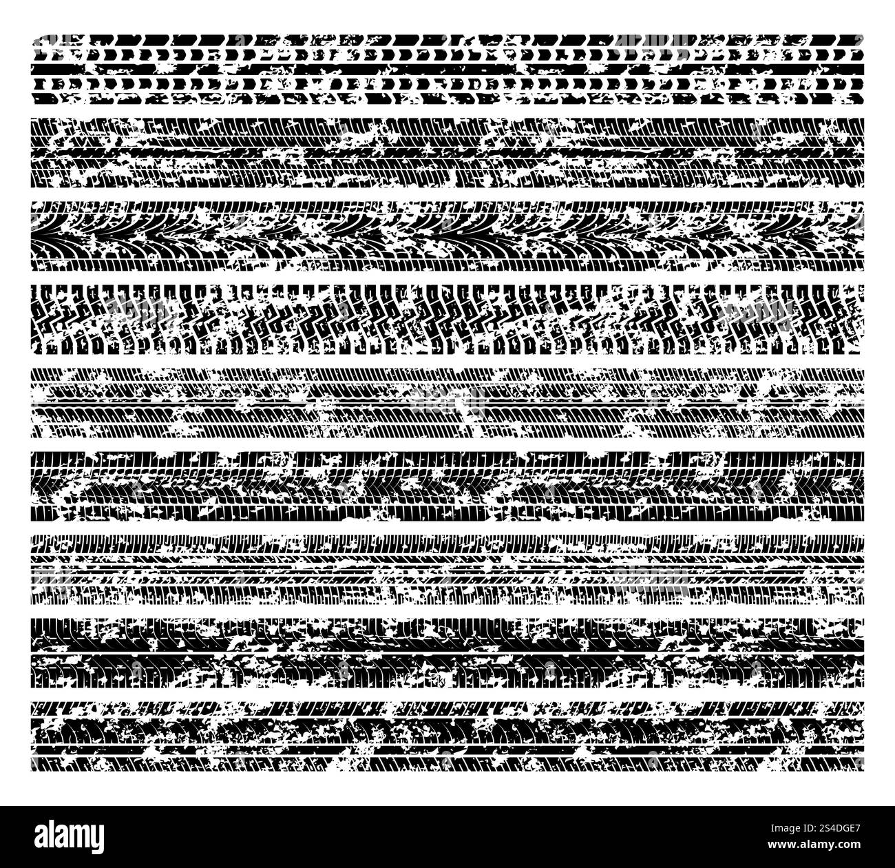 Tracce di pneumatici grunge sporche, segni di battistrada fangoso isolati su vettoriale bianco. Raccolta della carreggiata nera, illustrazione della traccia dello pneumatico. Tracce di pneumatici sporchi grunge, segni del battistrada fangoso isolati sulla raccolta vettoriale bianca Illustrazione Vettoriale