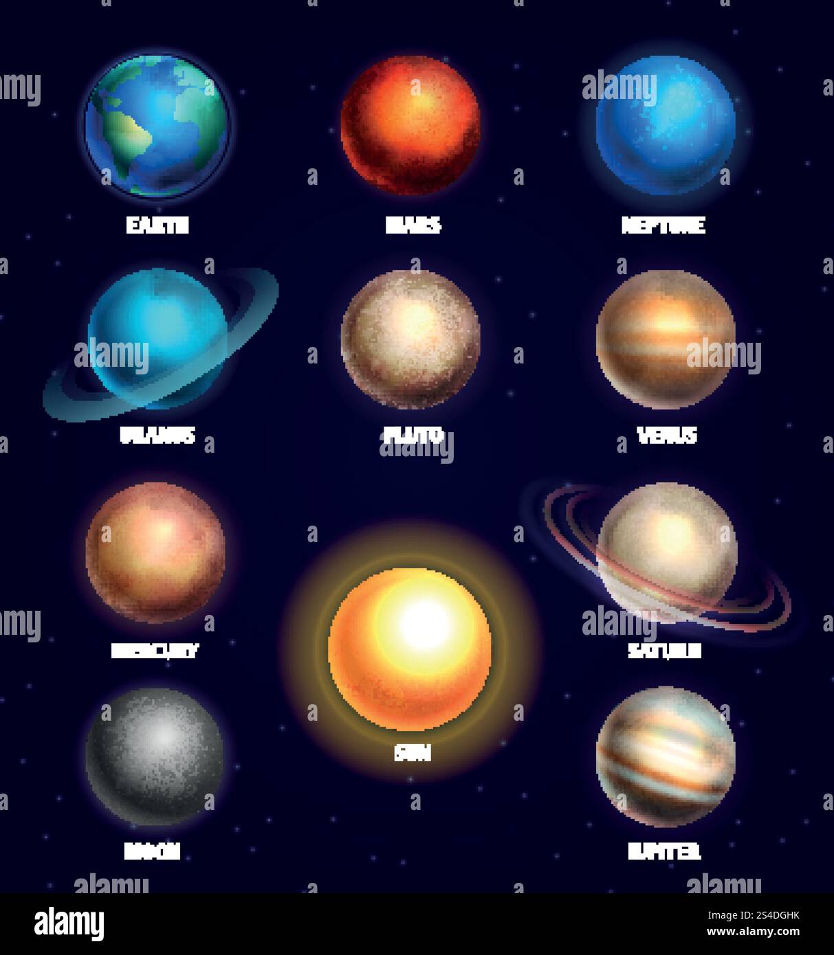 Pianeti del sistema solare e illustrazione vettoriale di educazione solare. Pianeti del sistema olare per il planetario di progettazione. Pianeti del sistema solare e illustrazione vettoriale di educazione solare Illustrazione Vettoriale