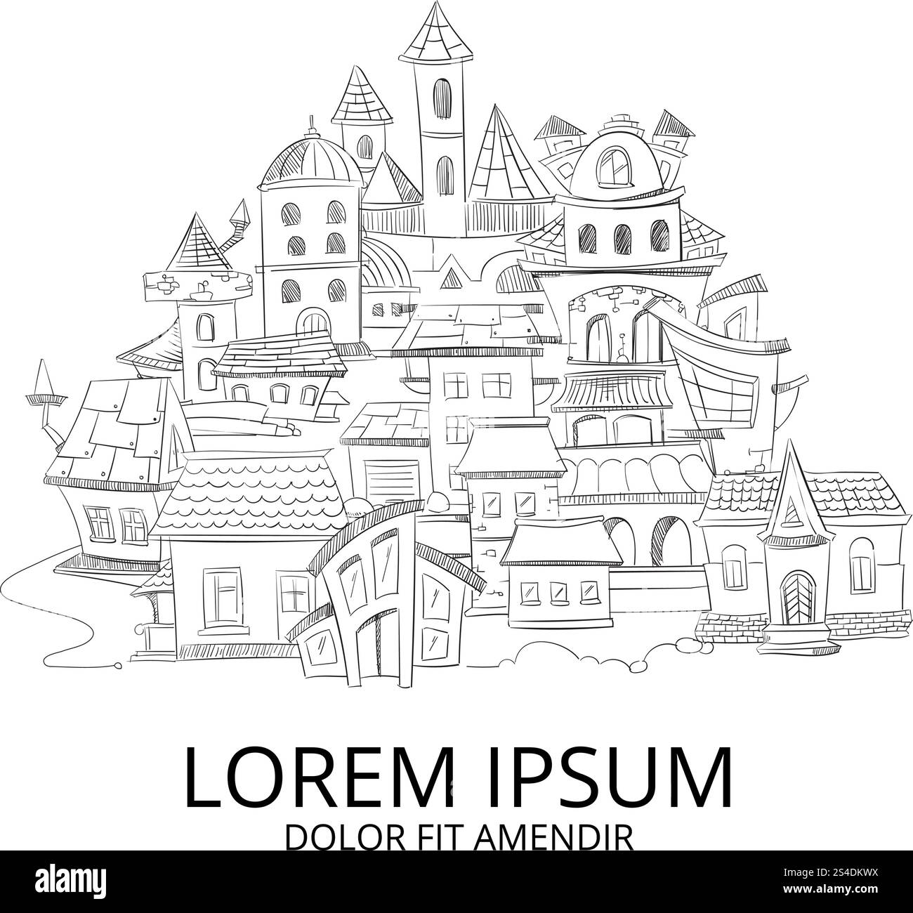 Paesaggio urbano astratto con scarabocchi disegnati a mano e sfondo vettoriale europeo. Modello di città di linea con casa di citazione, illustrazione di striscione con case. Paesaggio urbano astratto con scarabocchi disegnati a mano e sfondo vettoriale europeo Illustrazione Vettoriale