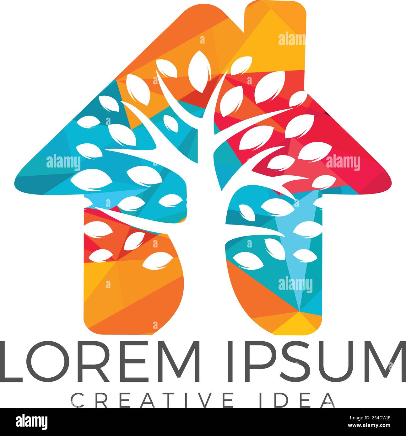 Albero vettoriale semplice con brunch e foglie. Logo della medicina alternativa. Insegna a forma di casa. Illustrazione Vettoriale