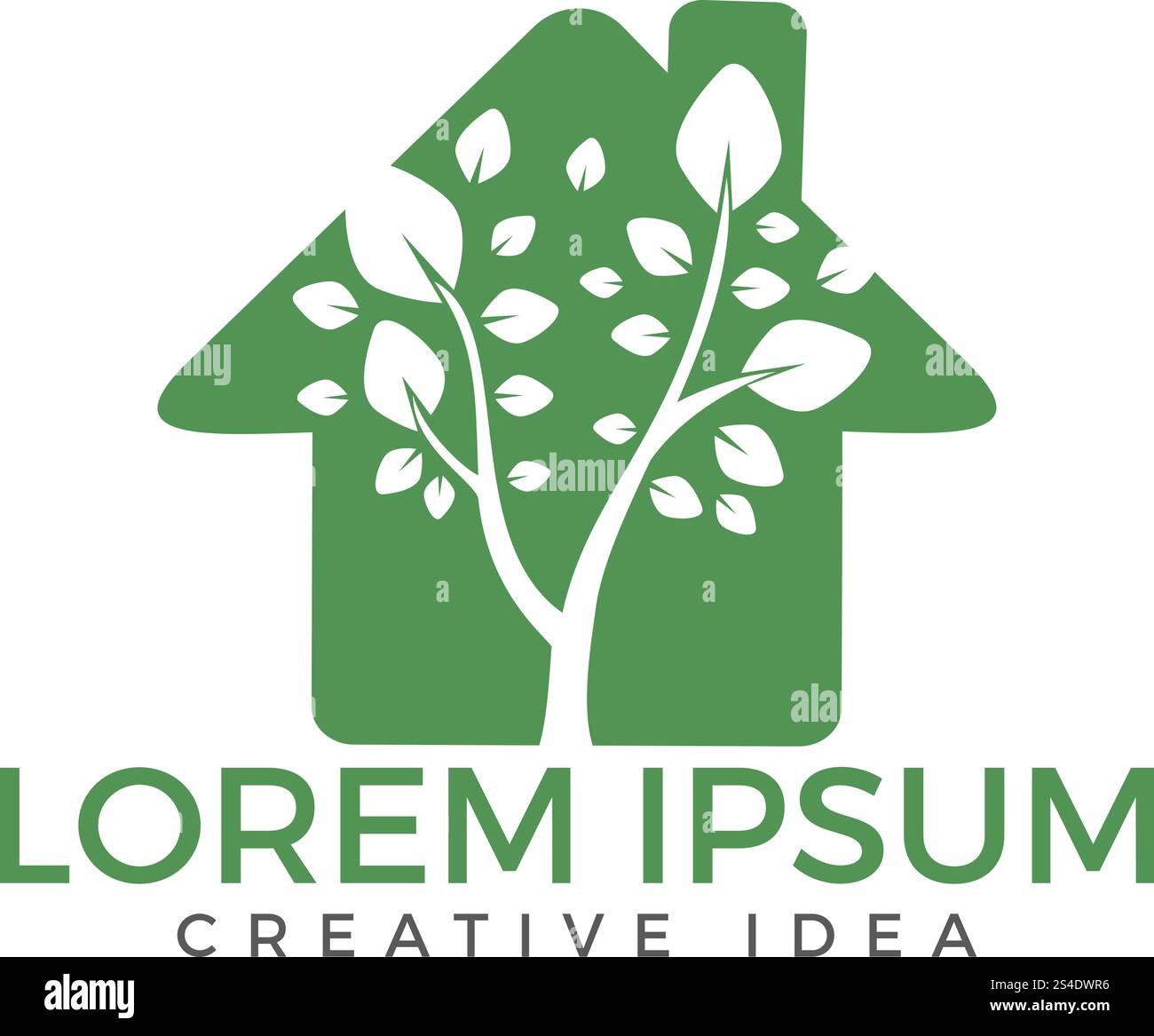 Albero vettoriale semplice con brunch e foglie. Logo della medicina alternativa. Insegna a forma di casa. Illustrazione Vettoriale