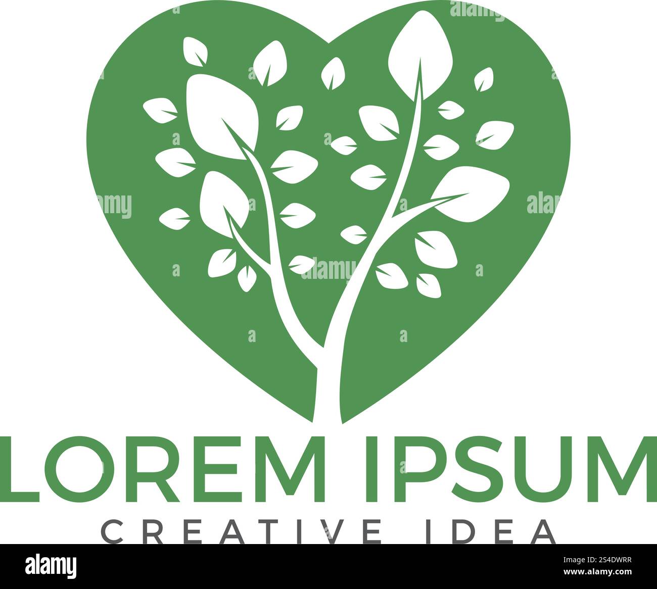 Albero vettoriale semplice con brunch e foglie. Logo della medicina alternativa. Segno a forma di cuore. Illustrazione Vettoriale