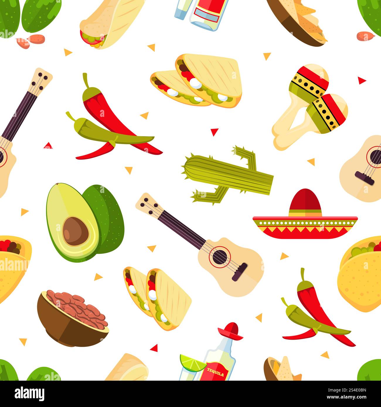 Tema azteco, cartoni animati di cucina messicana, tequila, peperoncini rossi caldi, sombrero, chitarra, tacos, cactus Vector. Illustrazione tradizionale messicana con motivo senza cuciture. Tema azteco, cartoni animati messicani, tequila, peperoncini rossi caldi, sombrero, chitarra, tacos, cactus vettoriale senza cuciture Illustrazione Vettoriale