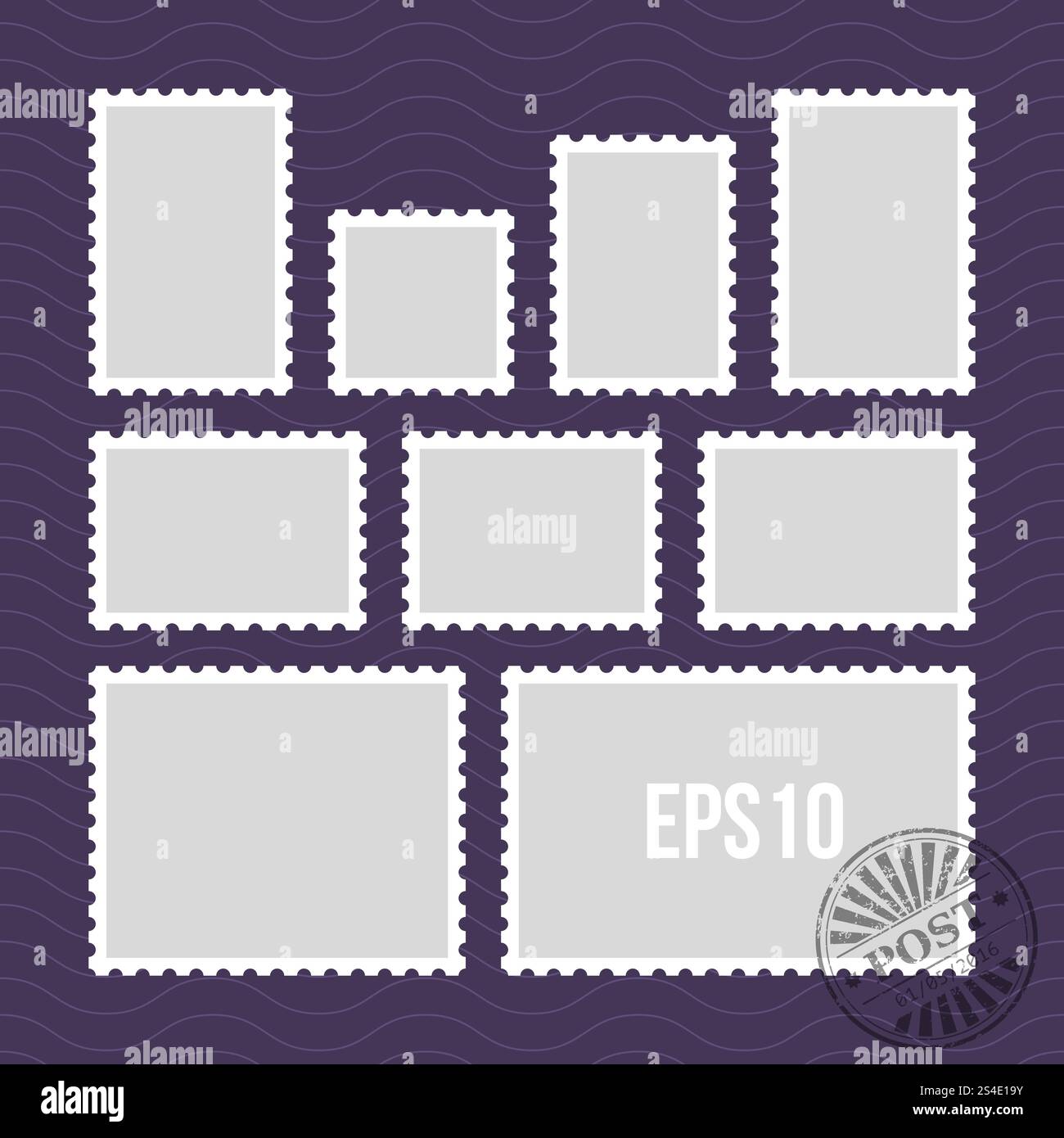 Francobolli con bordo perforato e modello vettoriale per timbri postali. Set di cornici per francobolli postali, immagine del francobollo per la posta. Francobolli con bordo perforato e modello vettoriale per timbri postali Illustrazione Vettoriale