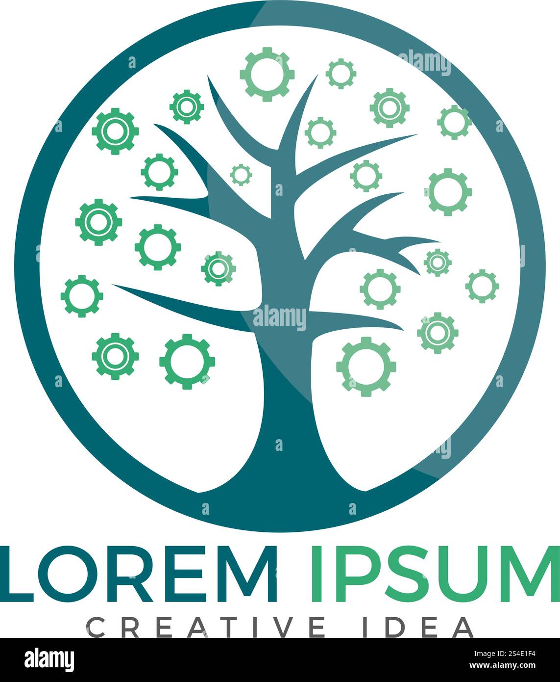 Logo industriale con albero e ingranaggi stilizzati. Logo Nature Gear Illustrazione Vettoriale